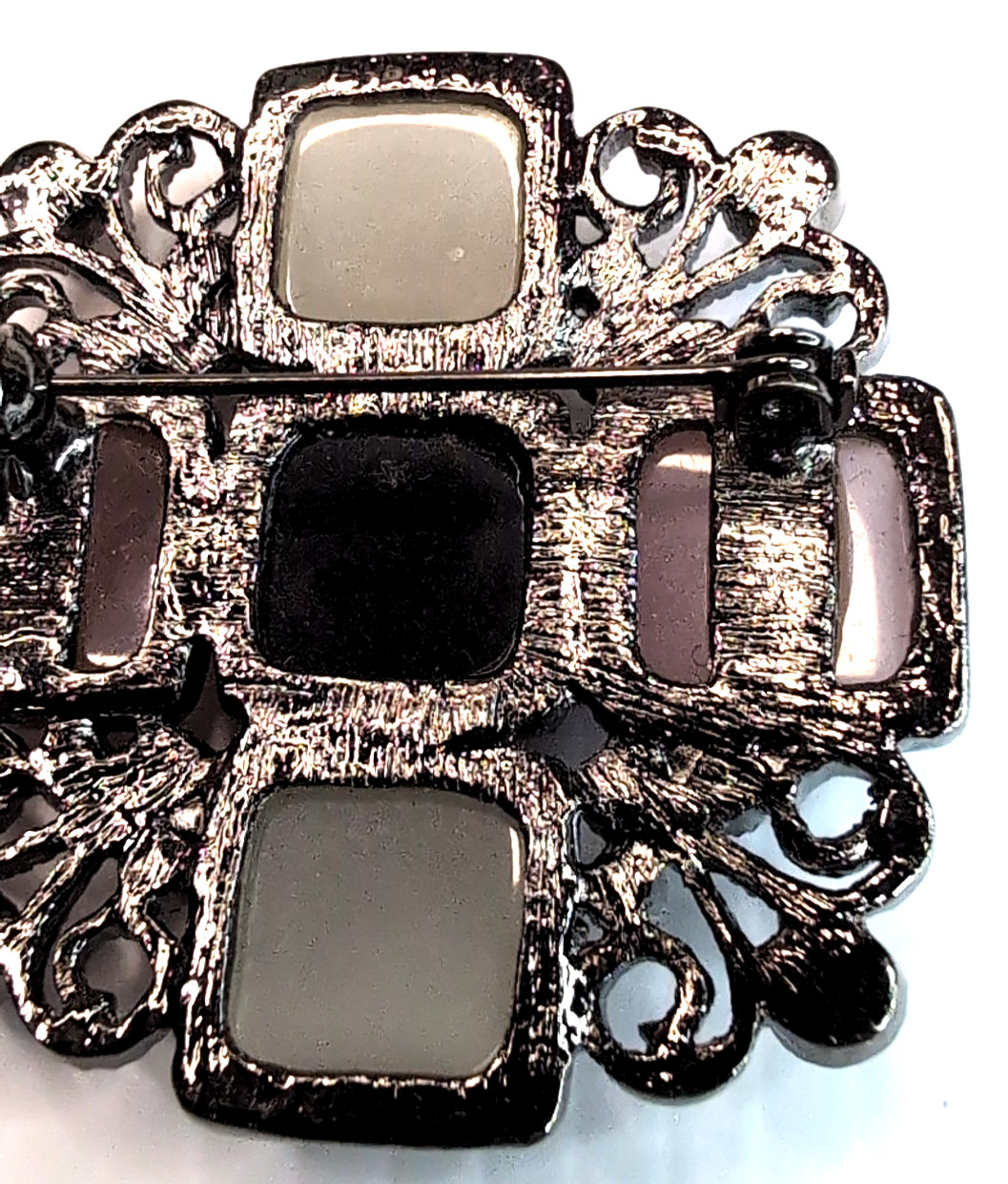 Vintage Geometric Square Brooch Black Pink Gunmetal Silver Tone Openwork Gothic
