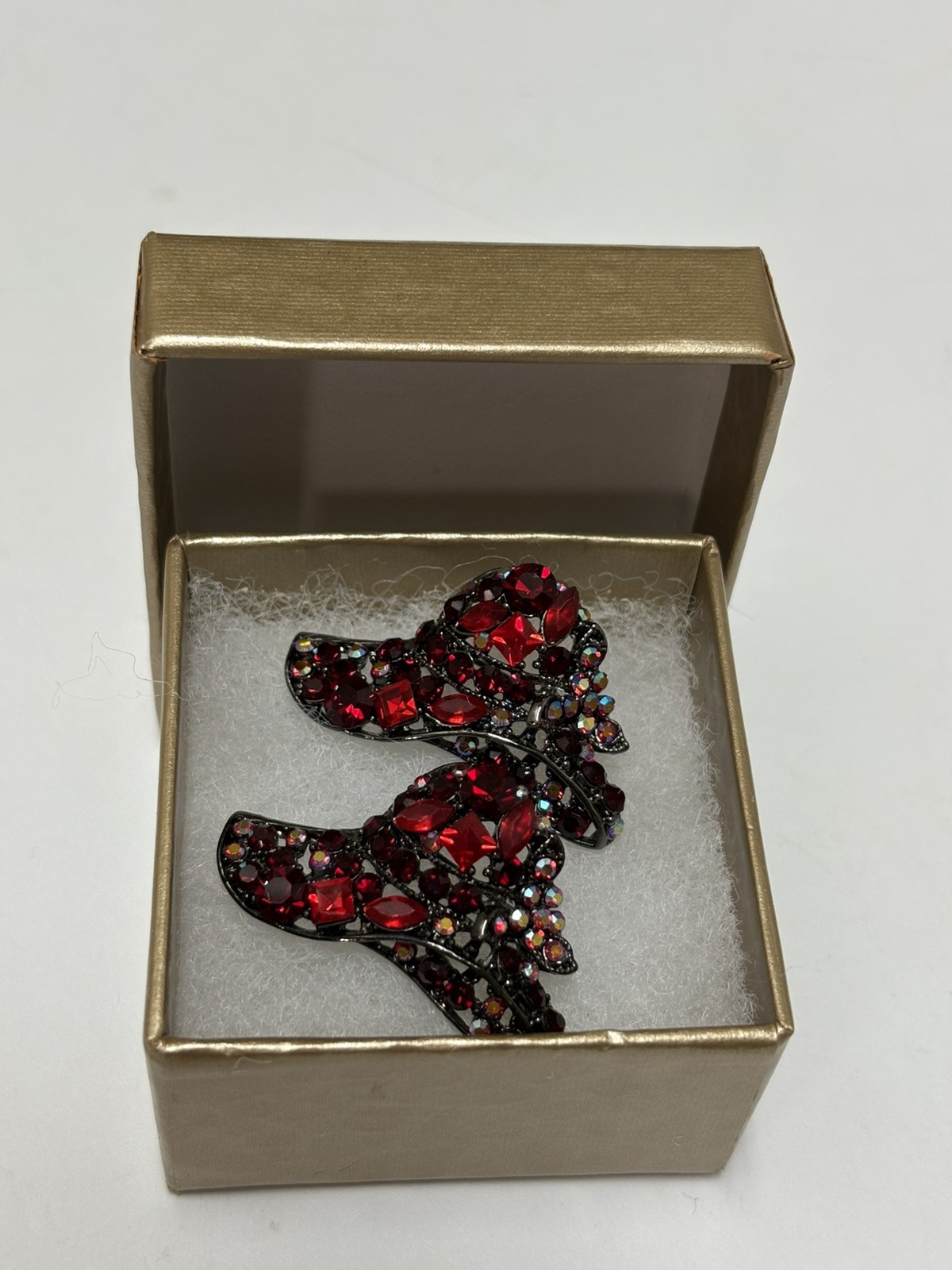 Vintage Red Iridescent Rhinestone Open Work Hat Brooch Pin Lot of 2 RHS Lovely