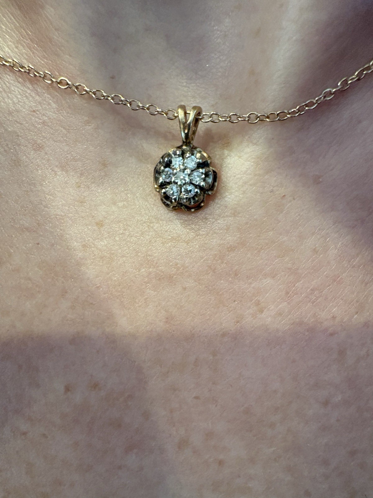 14K Yellow Gold Vintage Cluster Flower Pendant with Round white sapphires