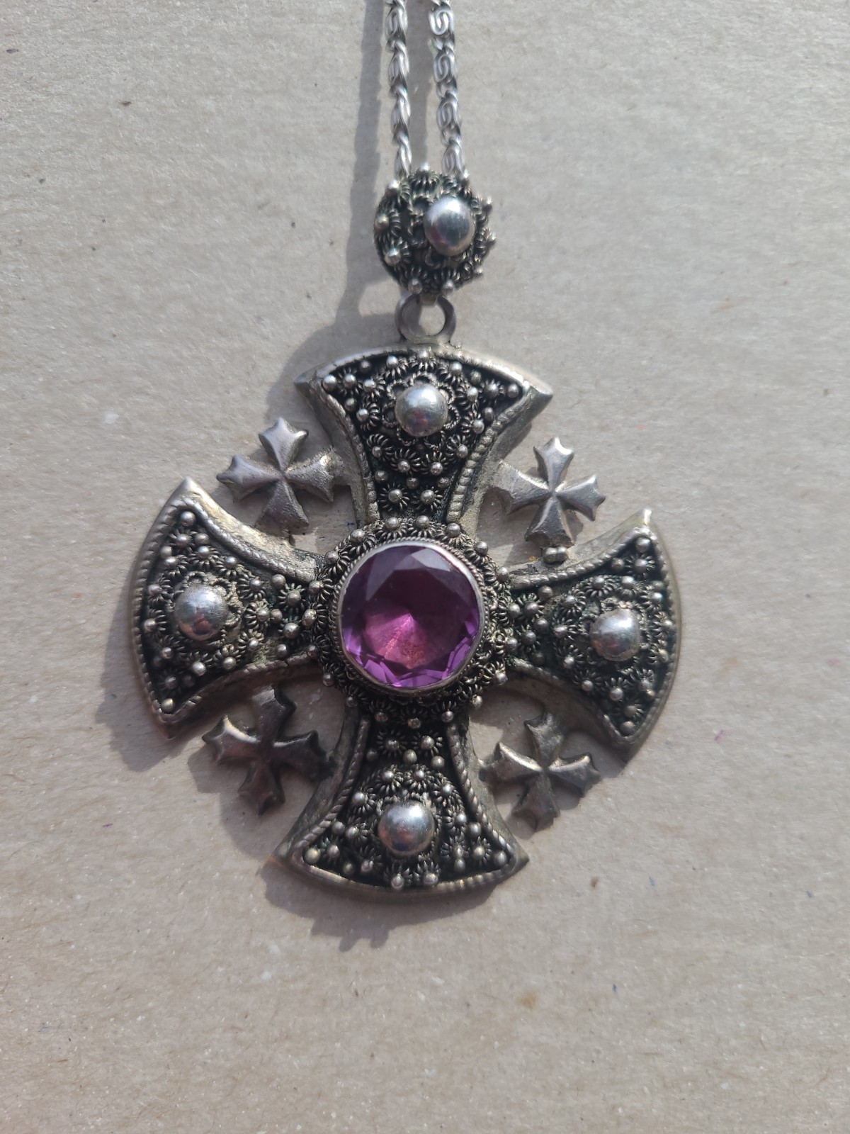 Sterling Silver 950 Jerusalem Maltese Cross Pendant Amethyst W/Earrings