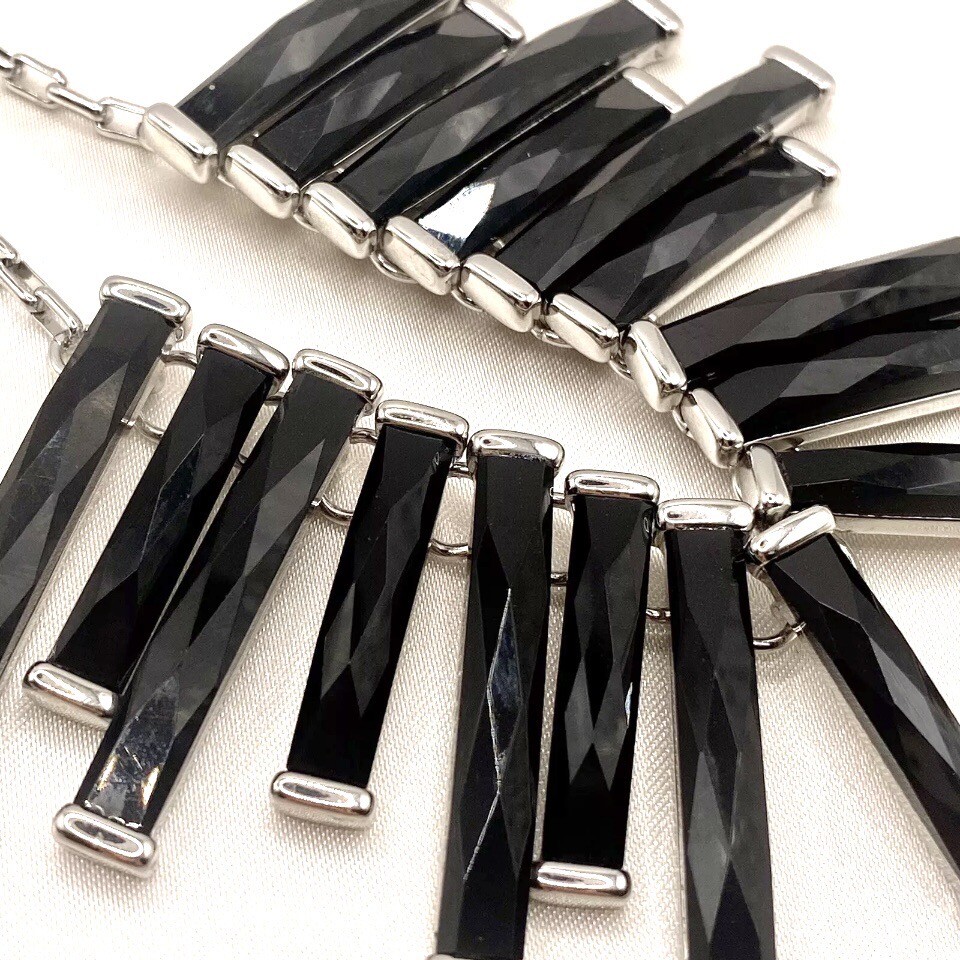 Vtg WHBM Silvertone Necklace Choker Bib Black Steam Punk Boho Gothic Retro G