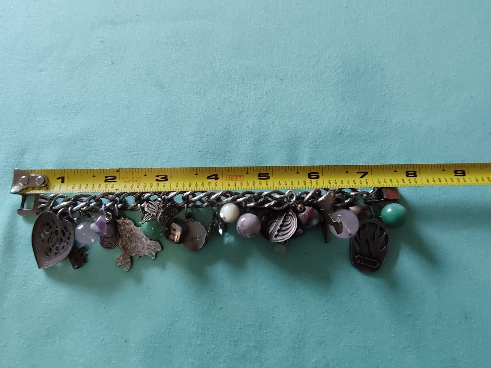 Vintage Loaded Dangle Charm Starter Bracelet Silver Plate Pewter Art Glass Stone