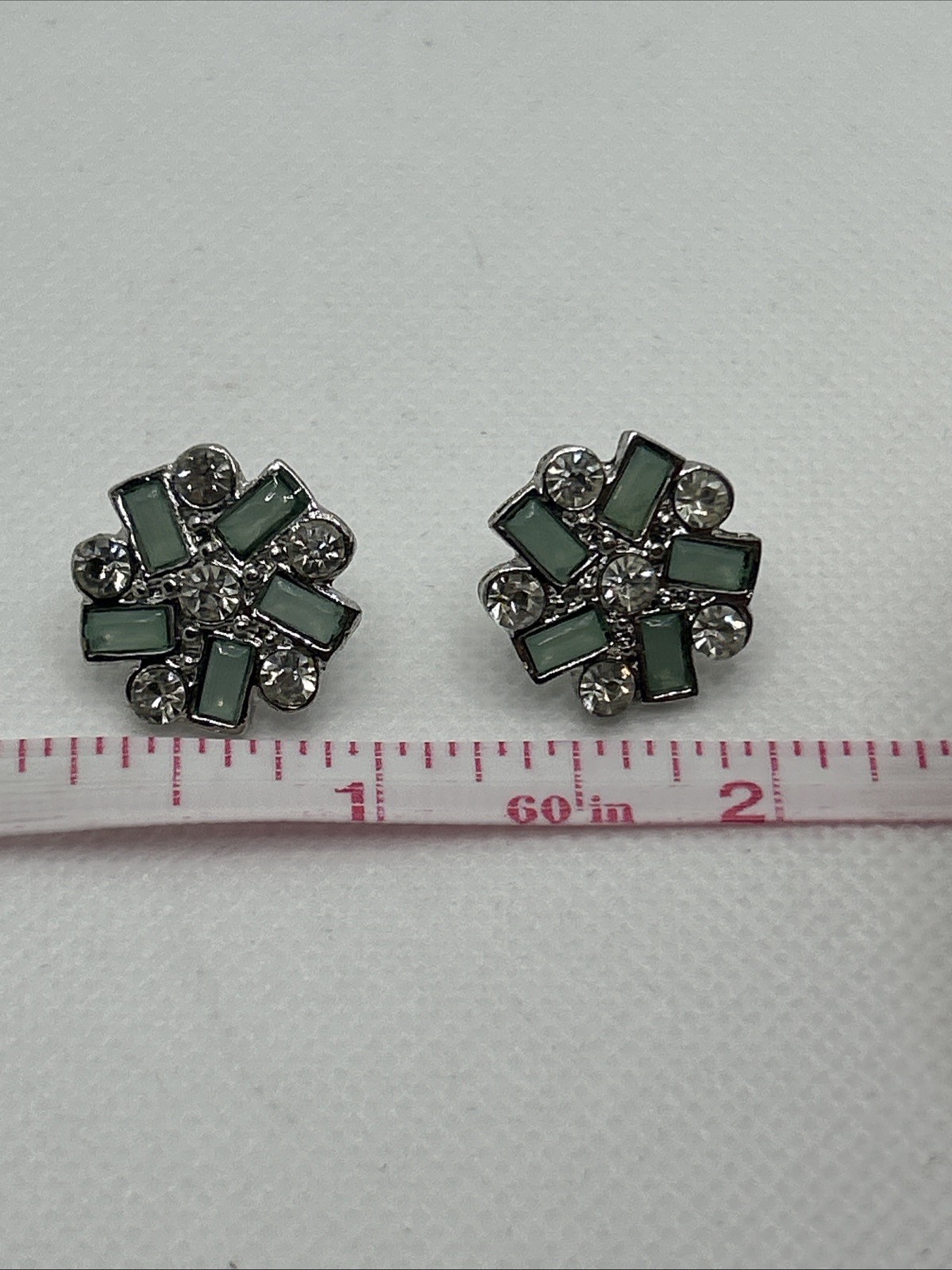Vintage Milk Green Emerald Cut And Round Clear Rhinestones Stud Earrings
