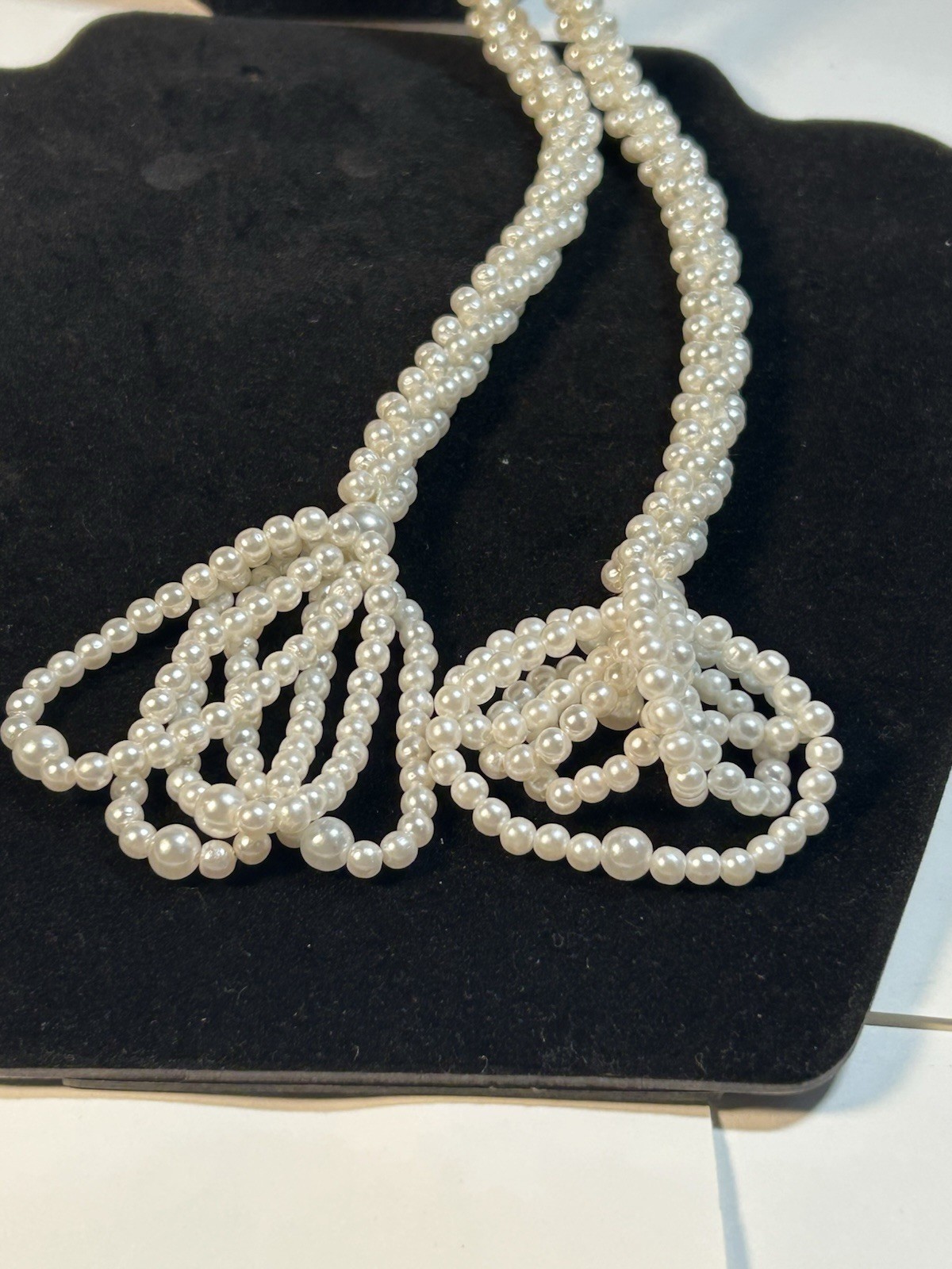 Vintage Faux Pearl Lariat Necklace Multi Strand Woven Tassel Wrap Cream 48 Inch