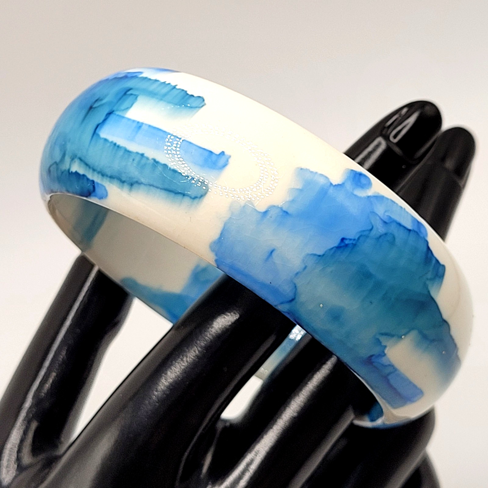 Marbled Watercolor Ink Blot Design Blue White Acrylic Chunky Bangle Bracelet