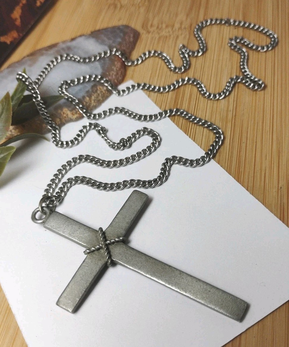 Vintage BDA Budlong Docherty Armstrong Signed Pewter Cross Pendant 25″ Necklace!