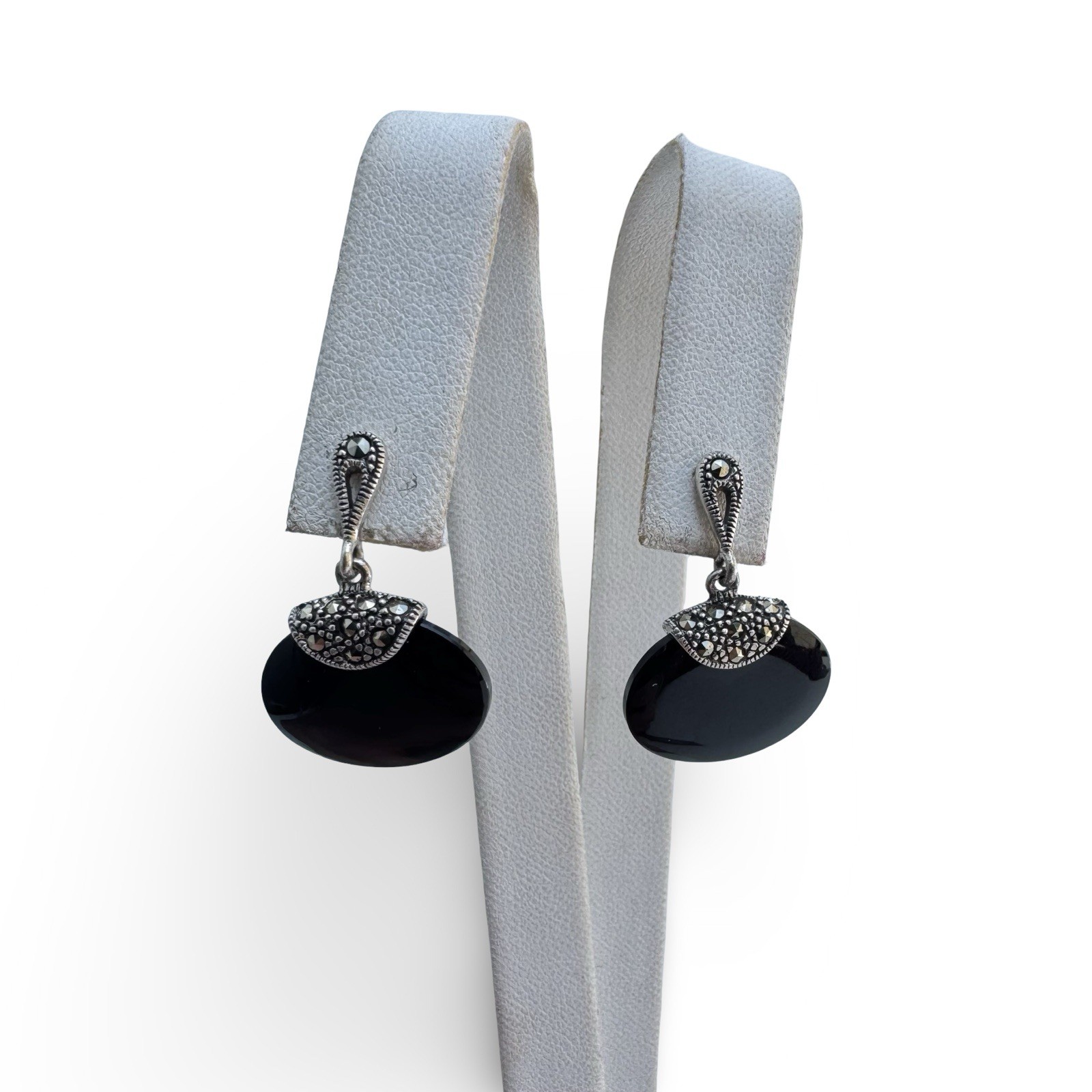 Vintage 925 Sterling Silver Black Onyx Marcasite Dangle Earrings Signed R