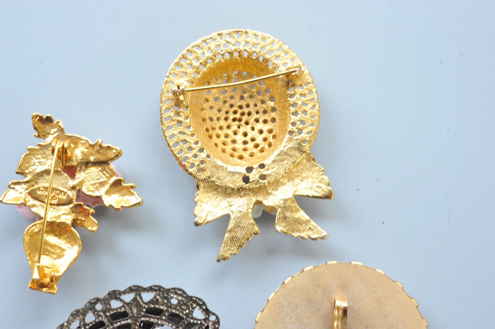 Vtg modern Brooch Lot cameo style flower gardening hat fairy 2 signed MA13