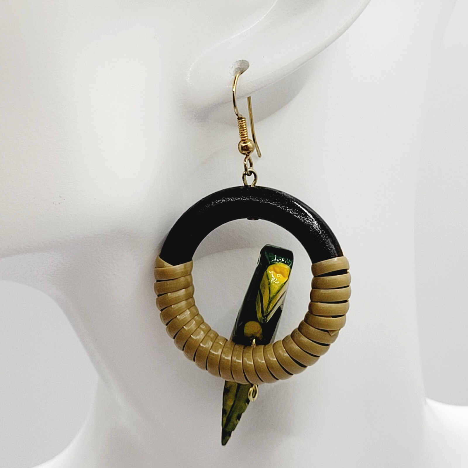 Parrot Macaw Tropical Hand Painted Carved Bird on Hoop Hook Pierced Vtg Earrings