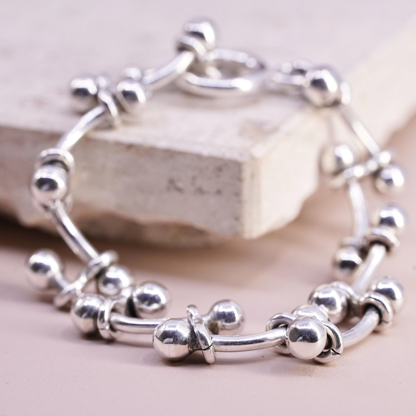 6.5”, vintage Sterling silver bracelet, 925 ball bar link chain toggle closure