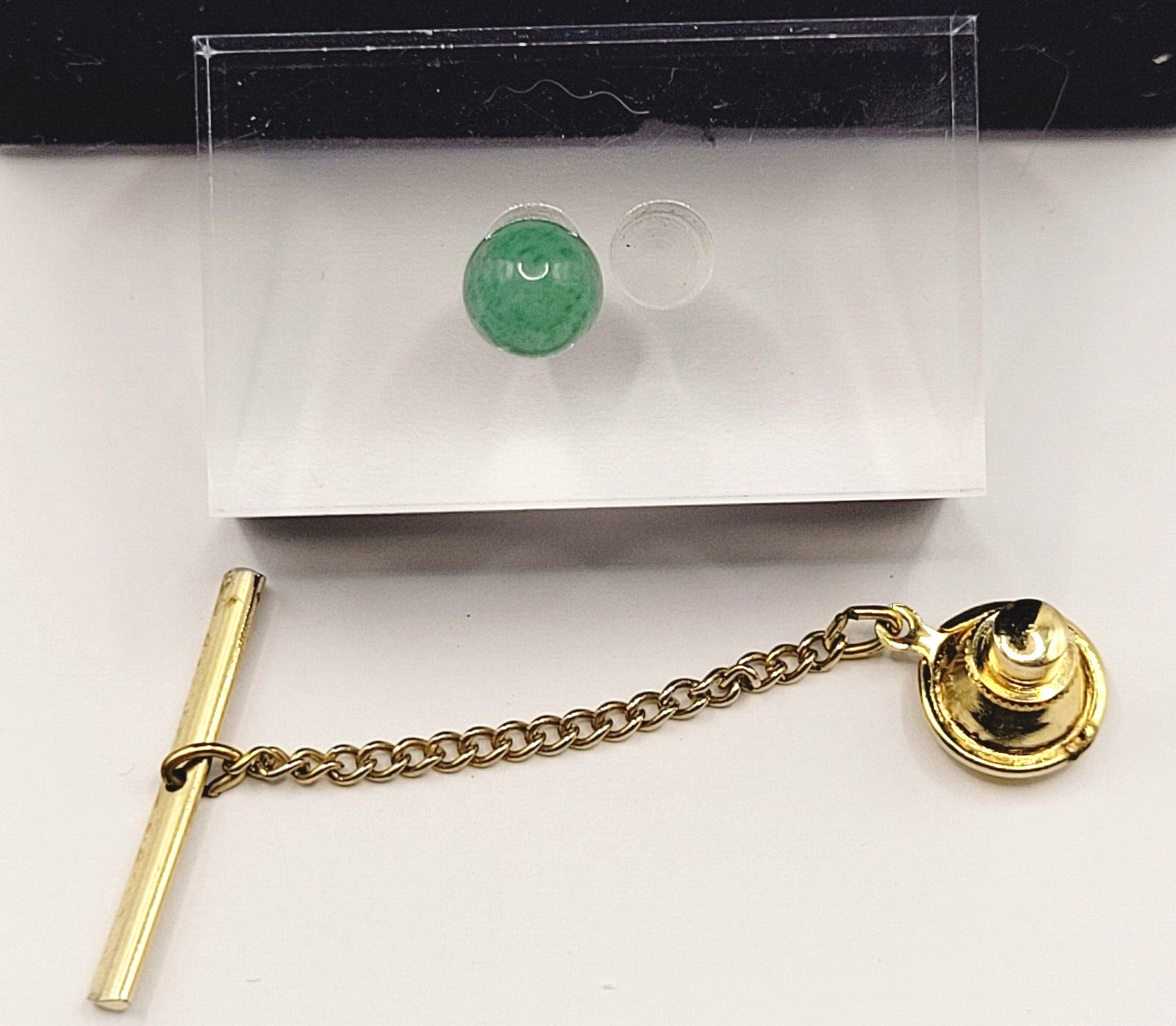 Jade Round Ball Polished Stone Gold Tone Vintage Tie Tack Pin with Chain