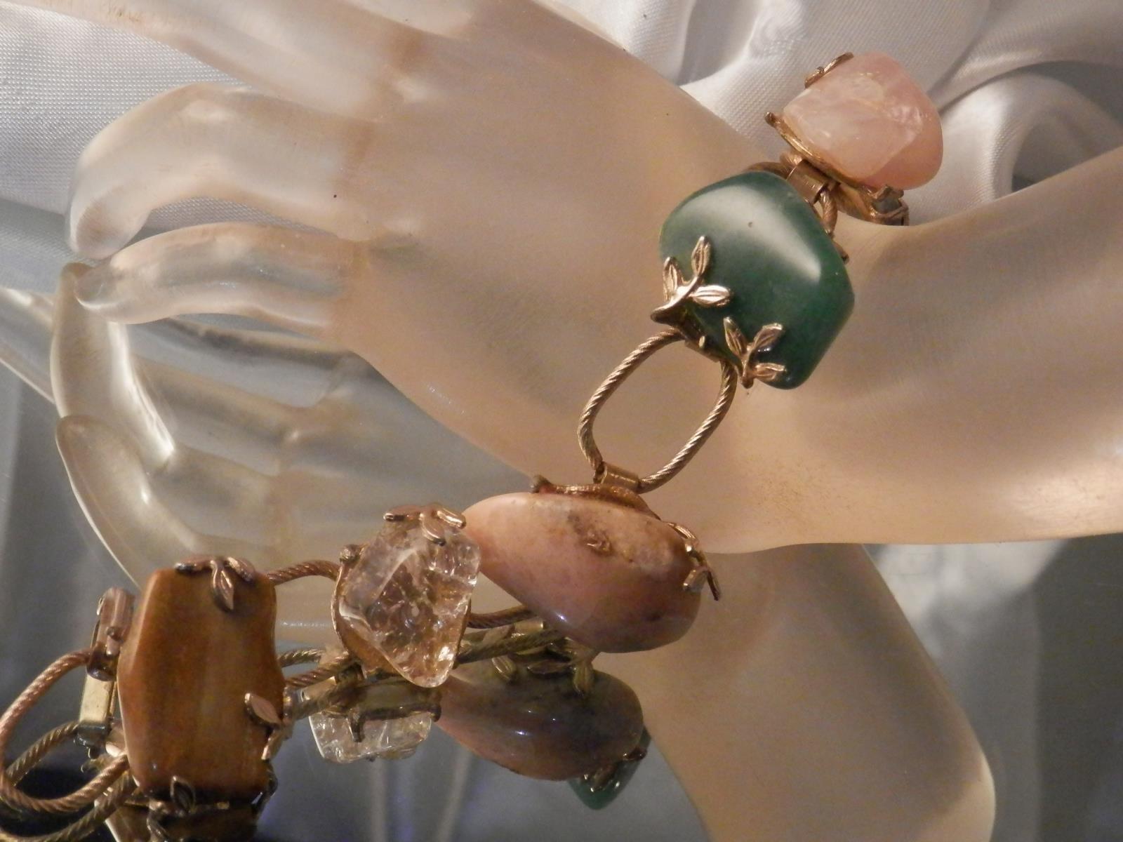 WOW Chunky Vintage 50’s Gorgeous Jade Pink Quartz Jasper Tiger Eye Bracelet 10N4