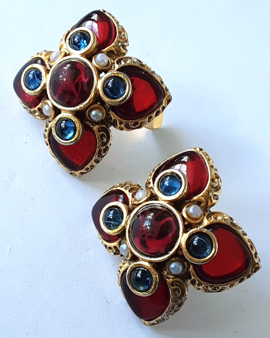 GRIPOIX GLASS~ BARRERA EARRINGS~ CABOCHON FAUX RUBIES~SAPPHIRES~PEARLS~