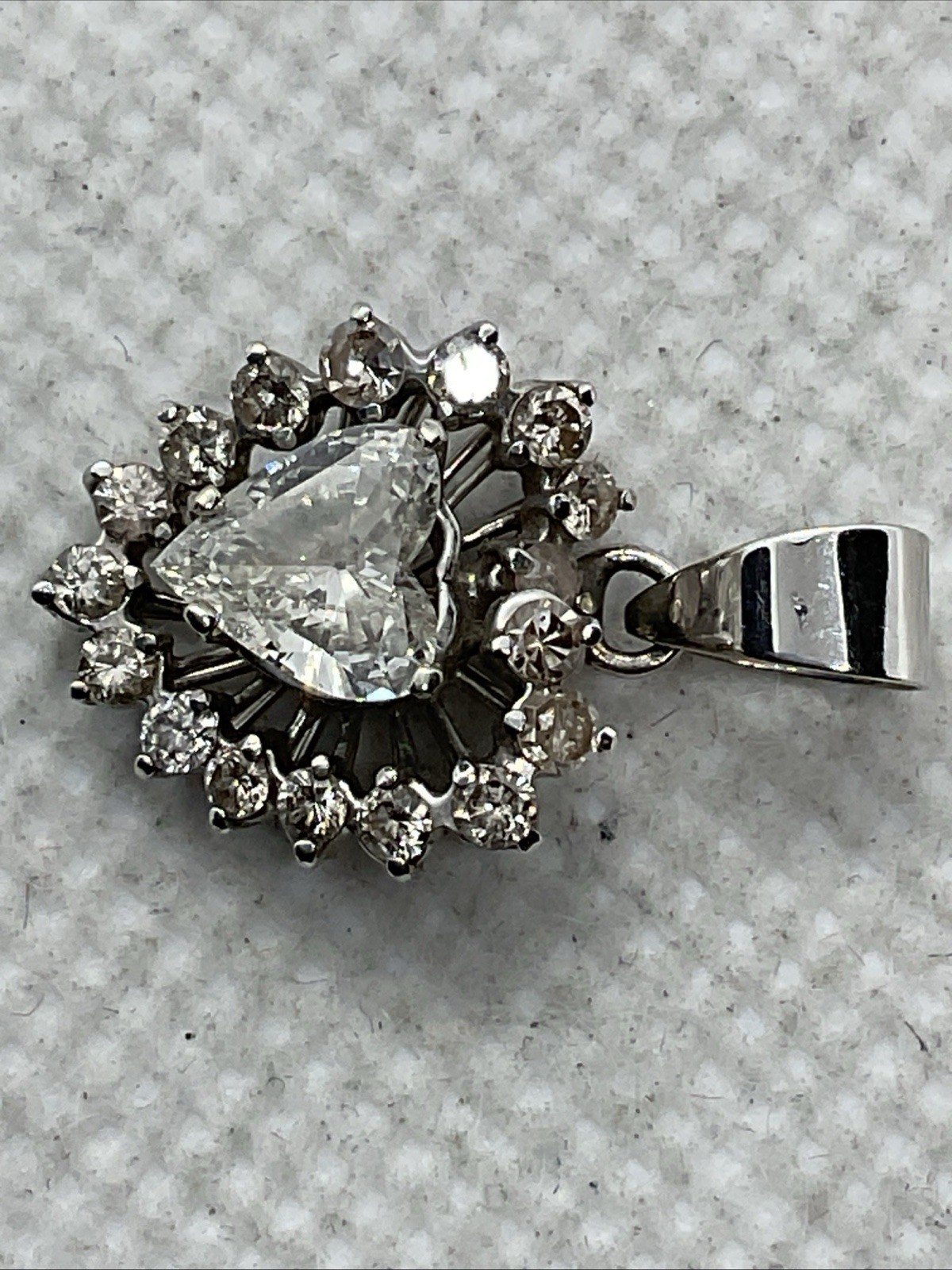 VINTAGE HANDMADE 8K White Gold Solitaire Diamond w/Accents Pendant & 11K Lock