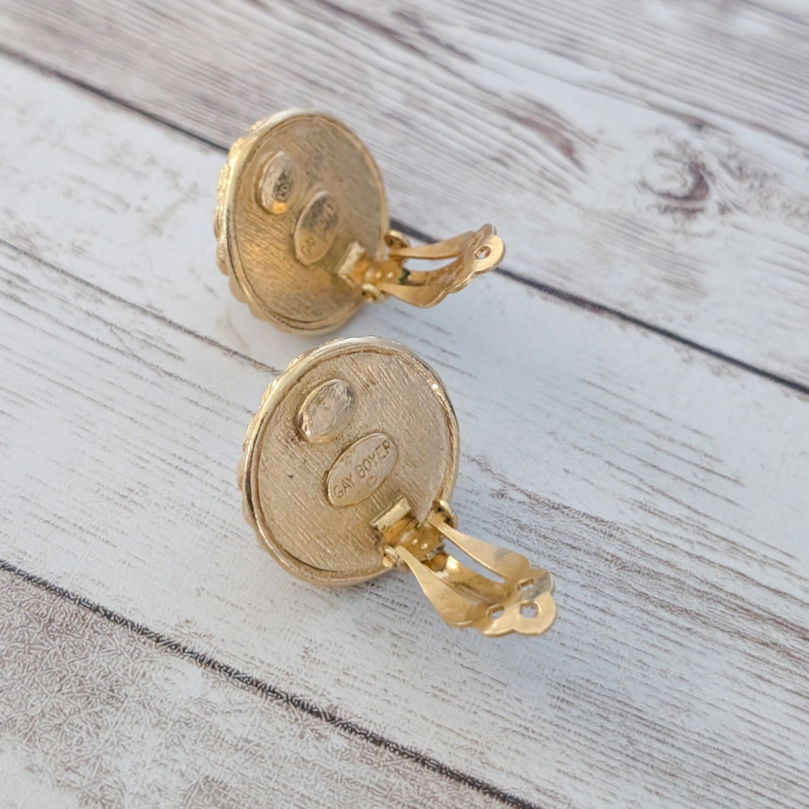 Vintage Gay Boyer Clip On Earrings Faux Pearl with Gold Tone Halo