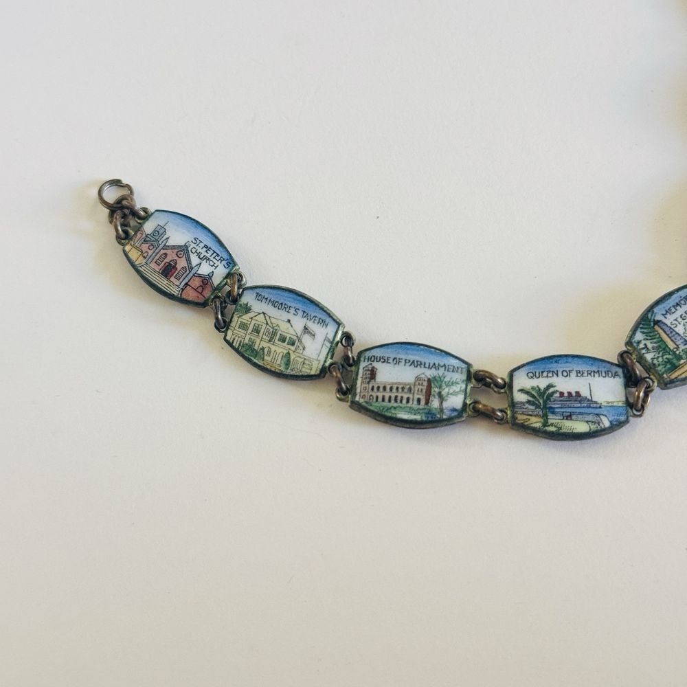 Bermuda Charm Panel Link Bracelet VTG souvenir Buildings Souvenier Enamel 7.5″