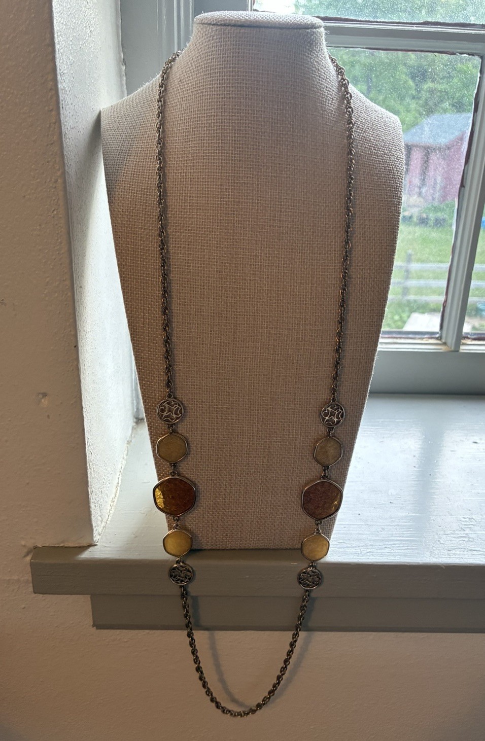 Sarah Coventry Taste of Honey Necklace Gold Tone Chain Amber Discs Signed 37 in