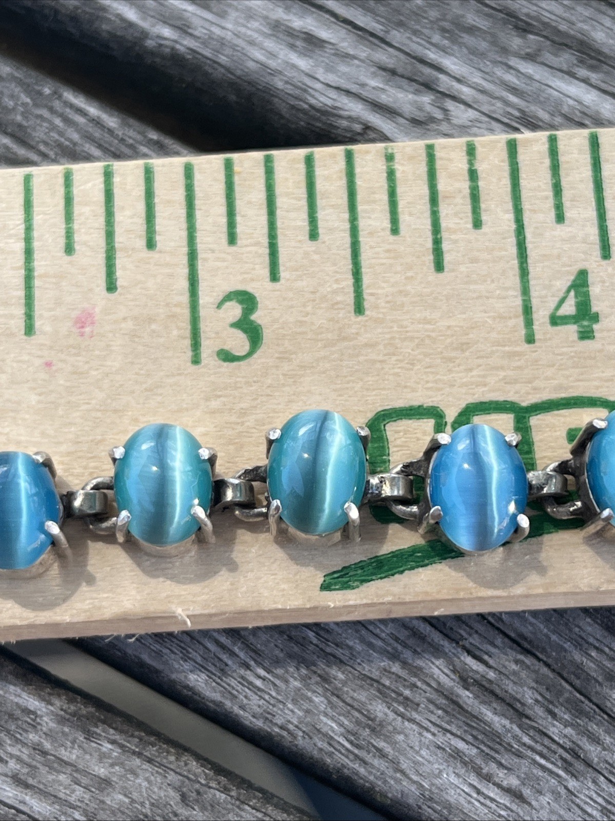 Vintage Blue Cats Eye Gem Stones Silver Bracelet Small