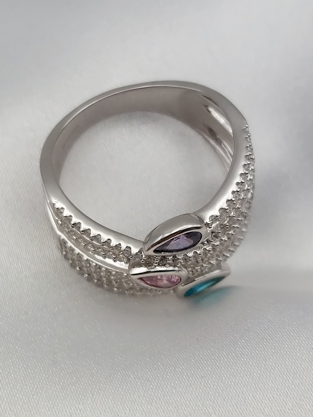 Vintage PJM 6Band Sterling Crystal Muti Color Pear Cut Gemstones Ring 5.9Gr Sz8