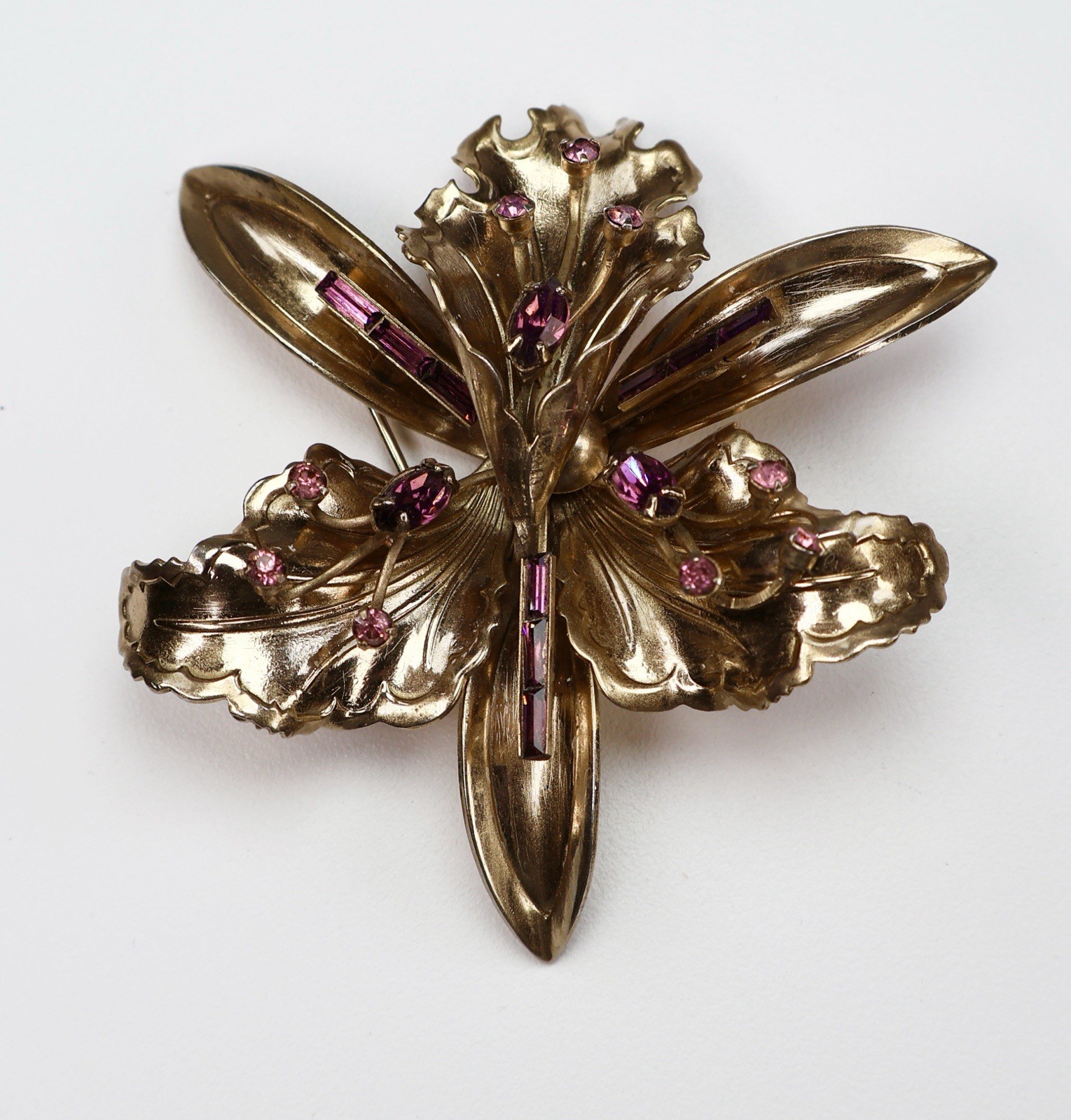 Vintage Iris Orchid Brooch Purple Rhinestones Baguettes Round Gold Tone Flower