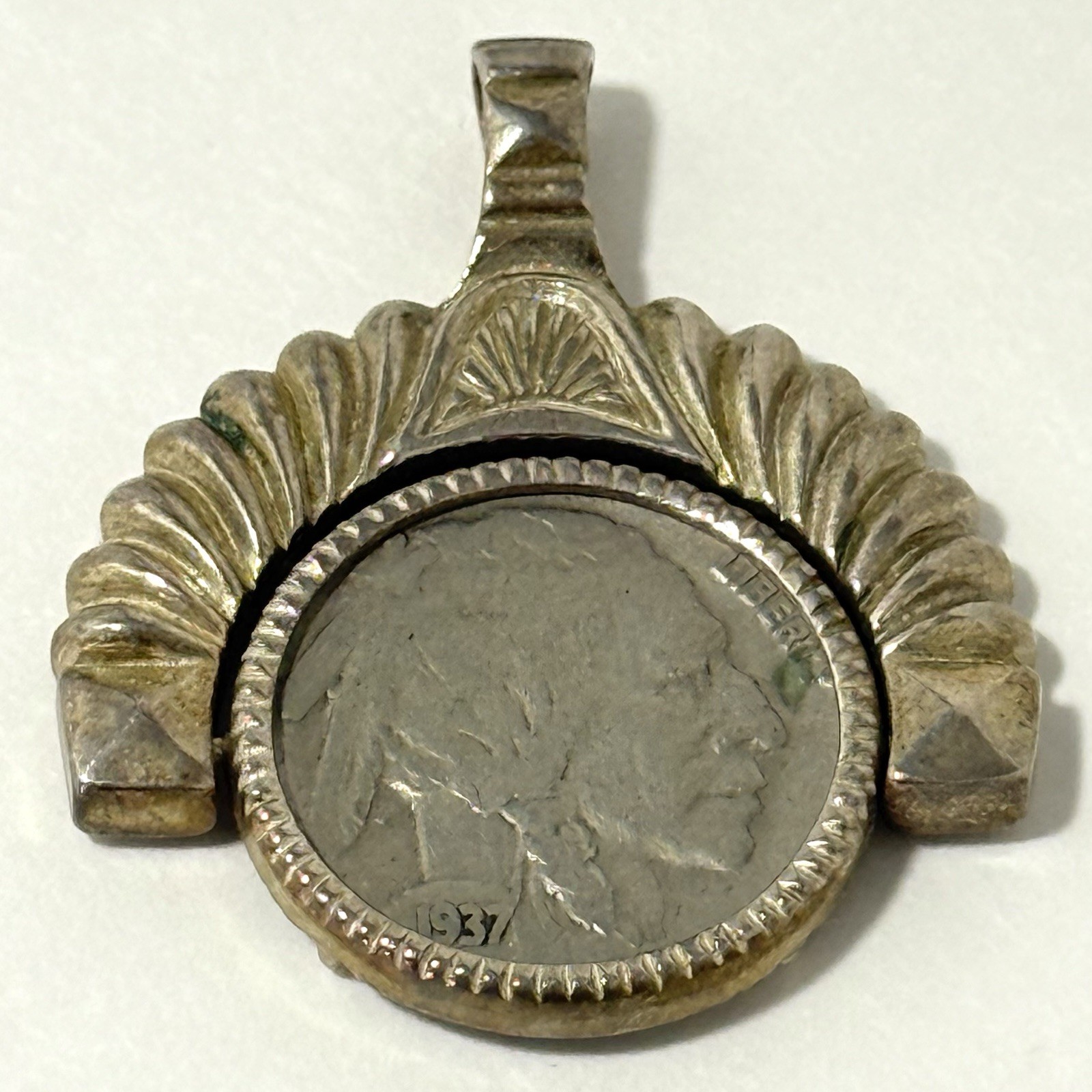 Vintage 925 Sterling Silver Pendant with 1937 Buffalo Nickel Reversible Coin