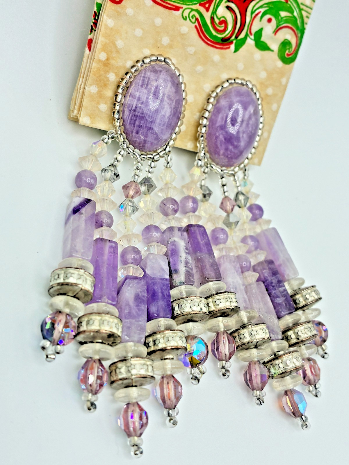 Elegant Classy Vintage Chipita Amethyst Stone Aurora Borealis Bead Clip Earrings