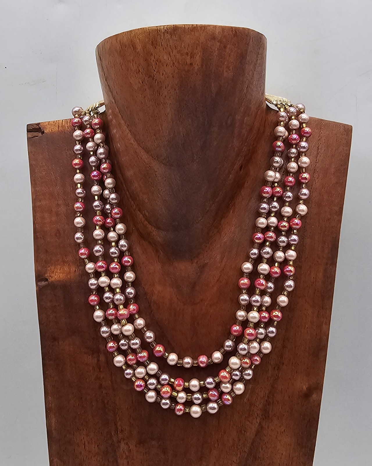 Vintage Multi-Strand Faux Pearl Necklace ~ Pinks & Purples Three Strand Japan