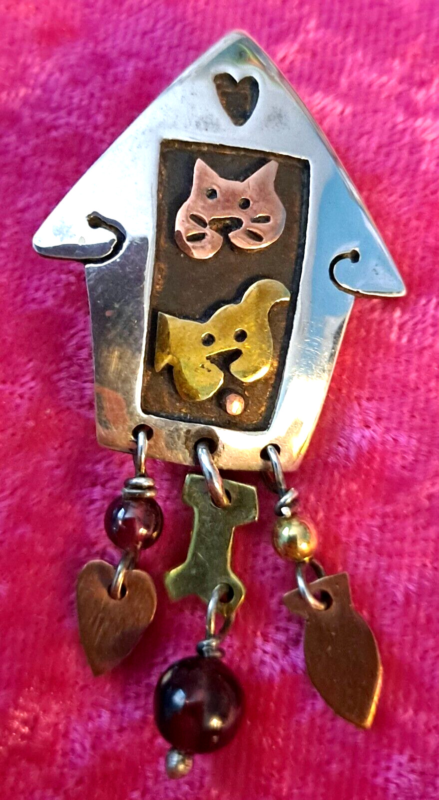 Vtg Far Fetched Dog Cat in A House Pin Sterling Silver Mixed Metals 3-D Mexico
