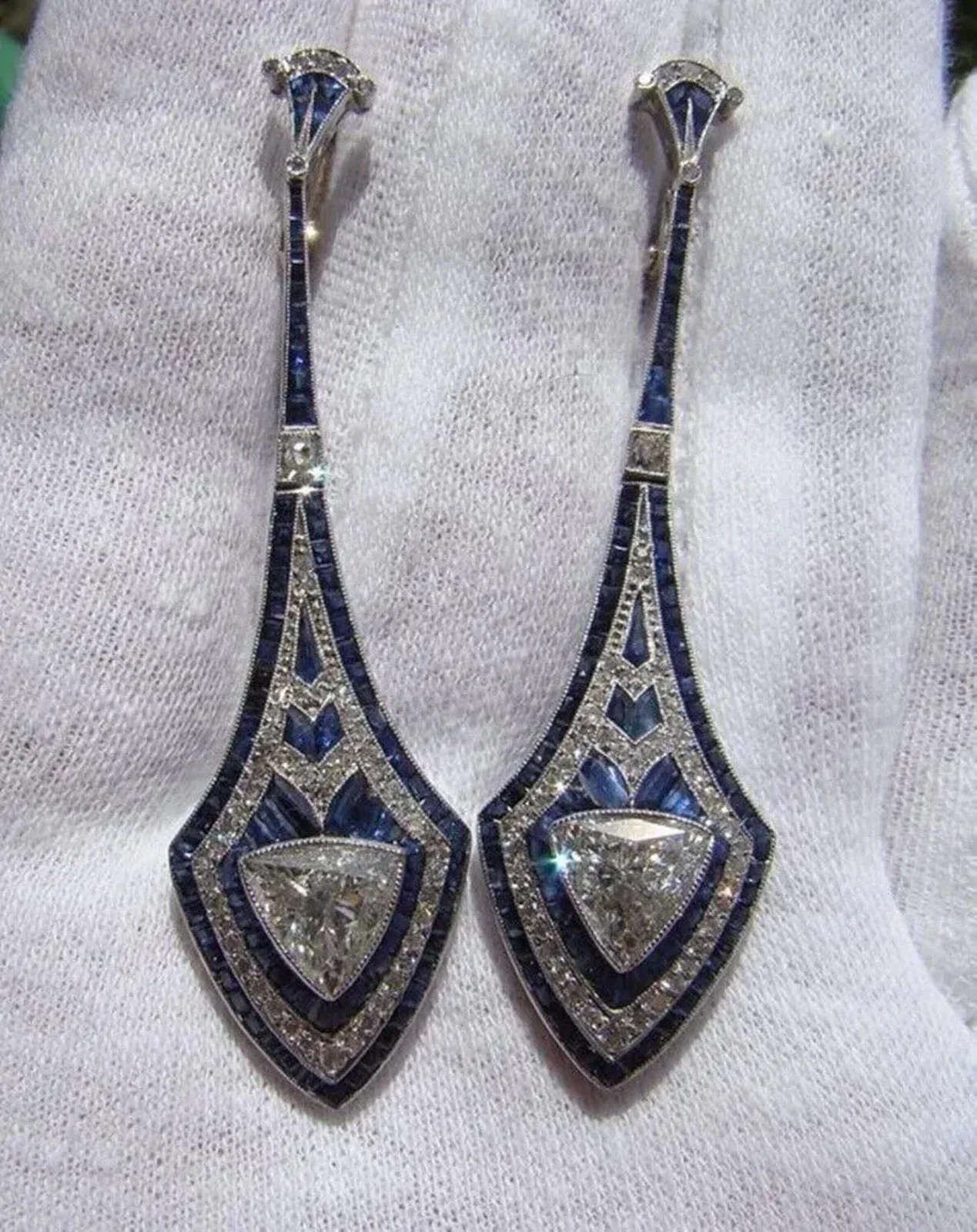 Art Deco Trillion Lab Created Diamond & Sapphire 14K White Gold FN Drop Earrings