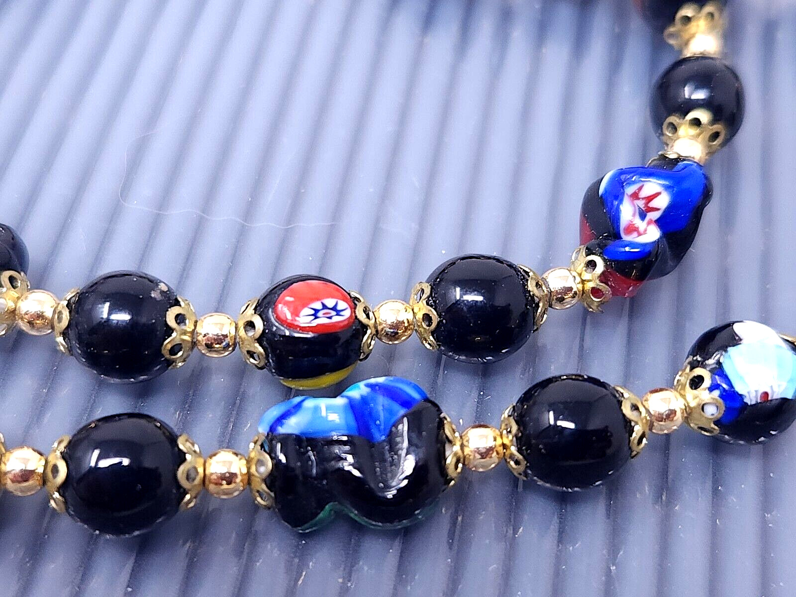 Vintage Venetian Glass Black Multicolor Beaded Gold tone Necklace 19″