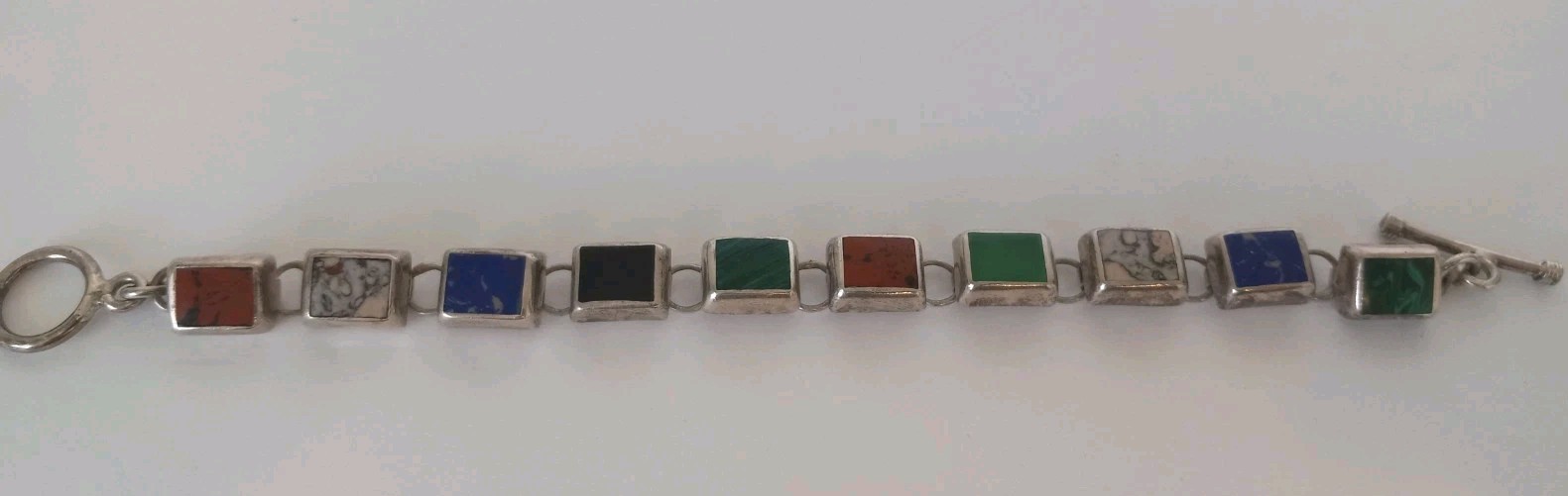 Vtg Mex925 Sterling Silver Multicolor Stone Bracelet 7″
