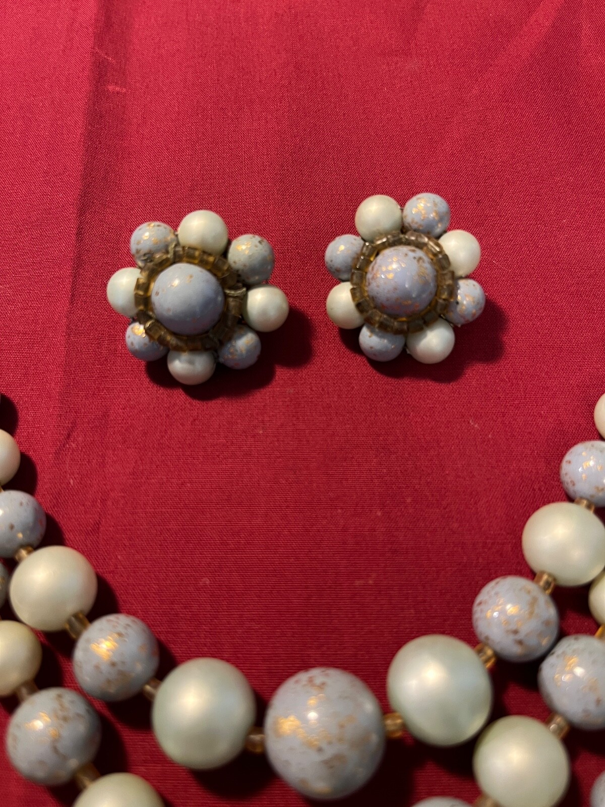 Vintage Japan 3-Strand Blue Shiny & Frosted Necklace With Clip On Earring Set