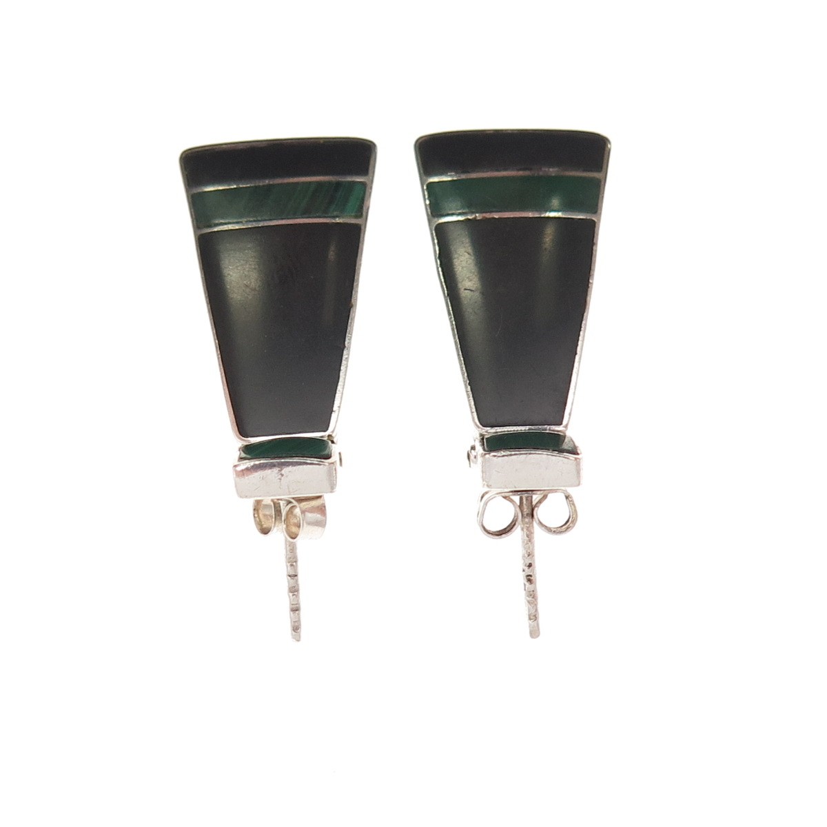 980 Silver Vintage Real Black Onyx & Malachite Modernist Dangle Earrings