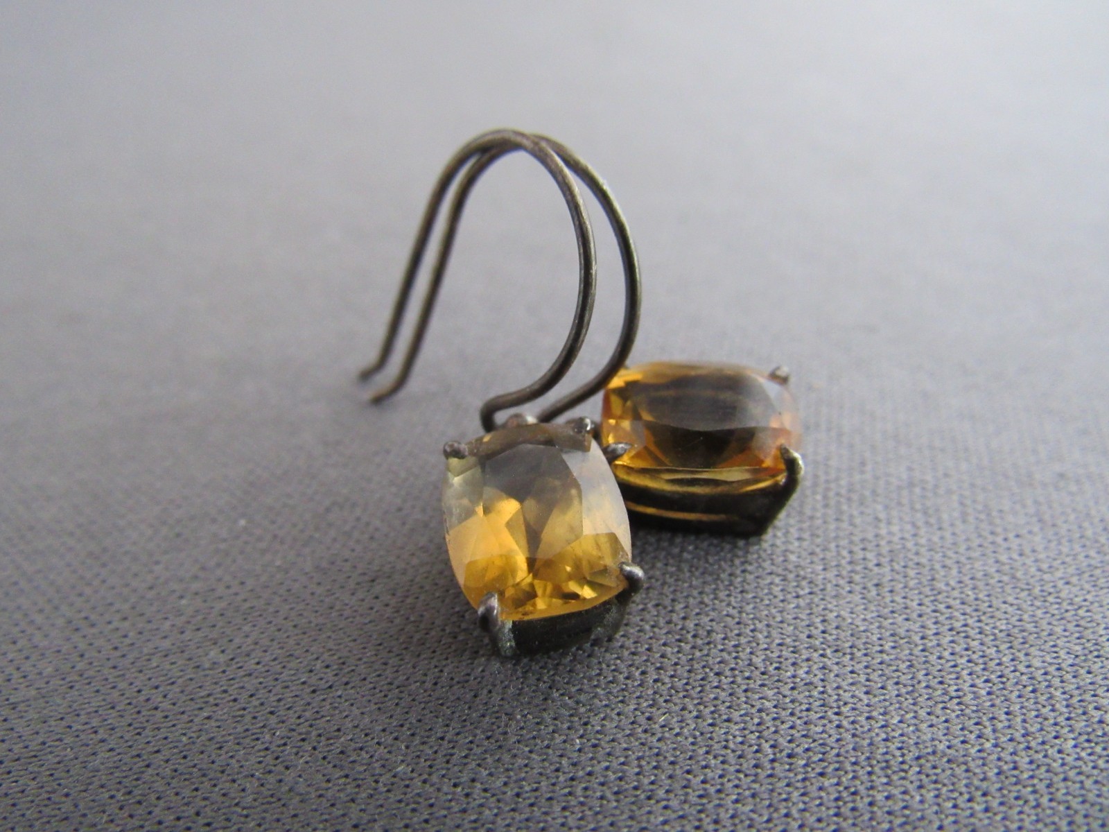 VINTAGE STERLING CUSHION CUT CITRINE DANGLE PIERCED EARRINGS
