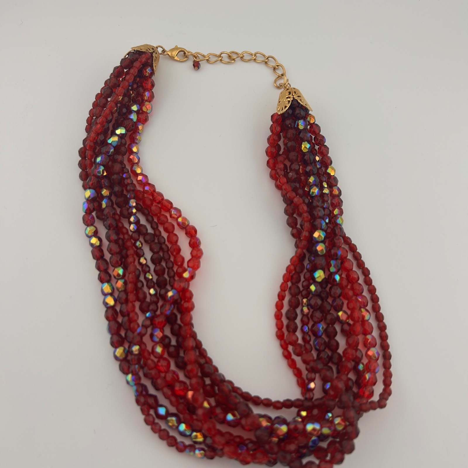 Vintage iridescent and solid red burgundy ruby 9 strand necklace