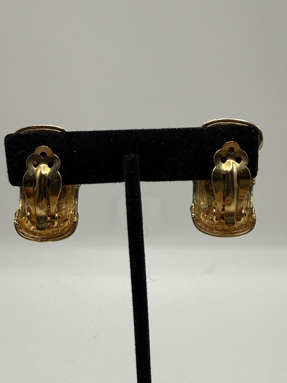 Vintage Gay Boyer GreenEnamel Gold Tone Half Hoop Clip On Earrings
