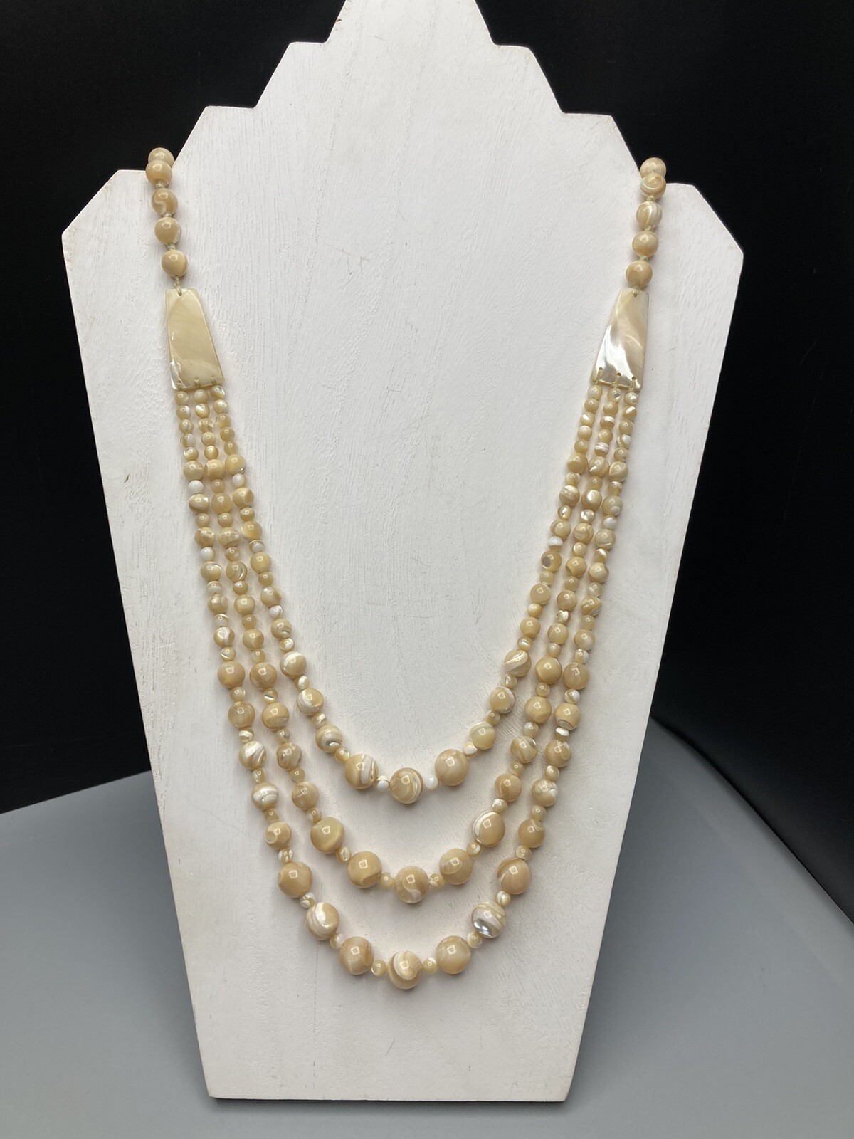 Mother of Pearl Necklace 3 Strand VTG Hand Knotted No Clasp 28.5in 97g 2” Drop