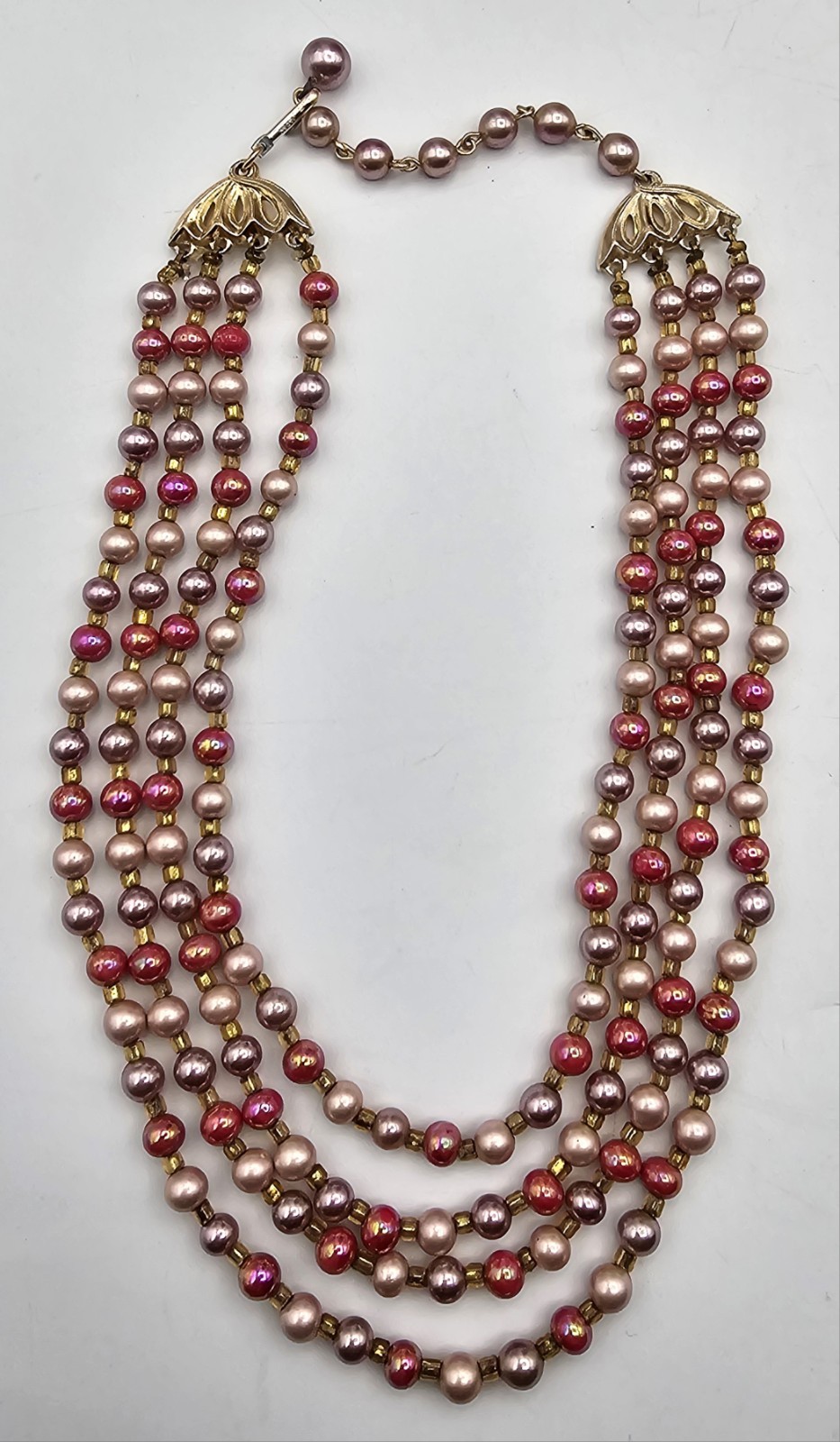 Vintage Multi-Strand Faux Pearl Necklace ~ Pinks & Purples Three Strand Japan