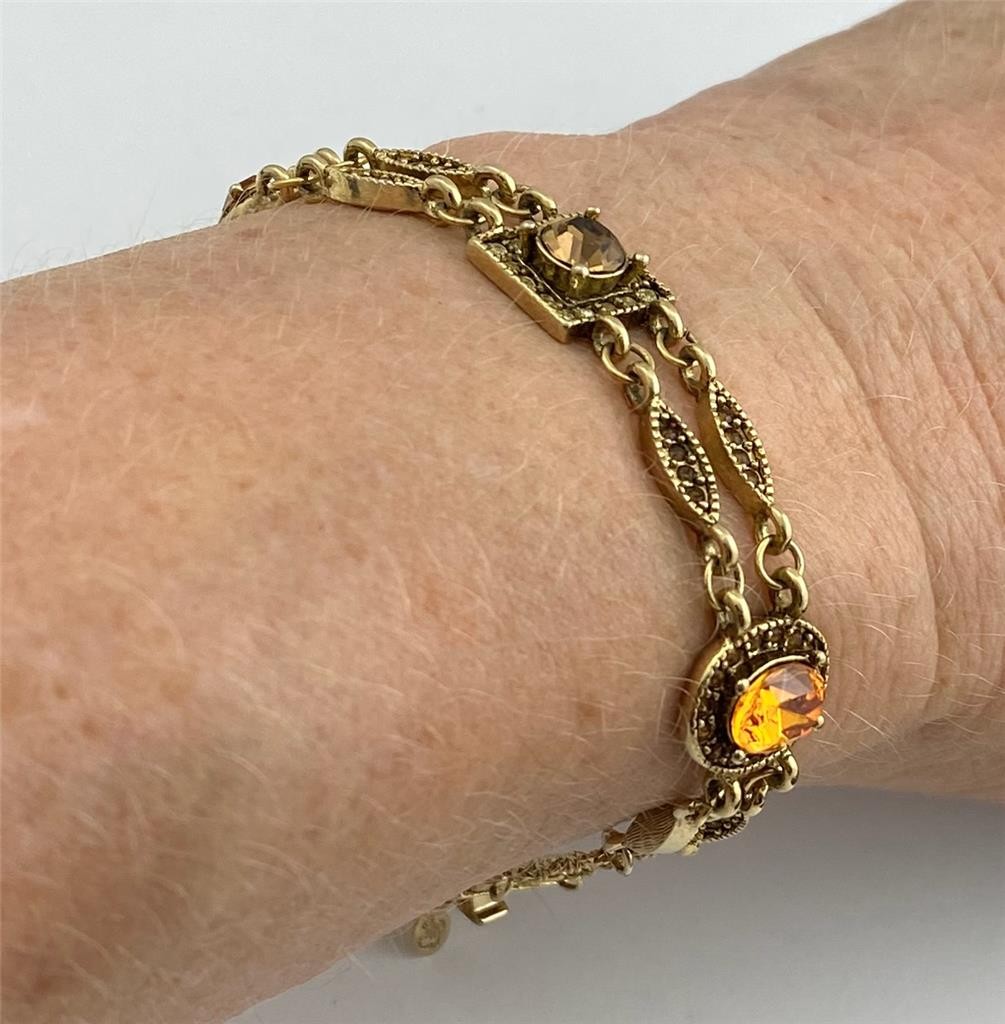 Premier Designs Retired Honey Amber Crystals Gold T Chain Station Bracelet 7.5″L