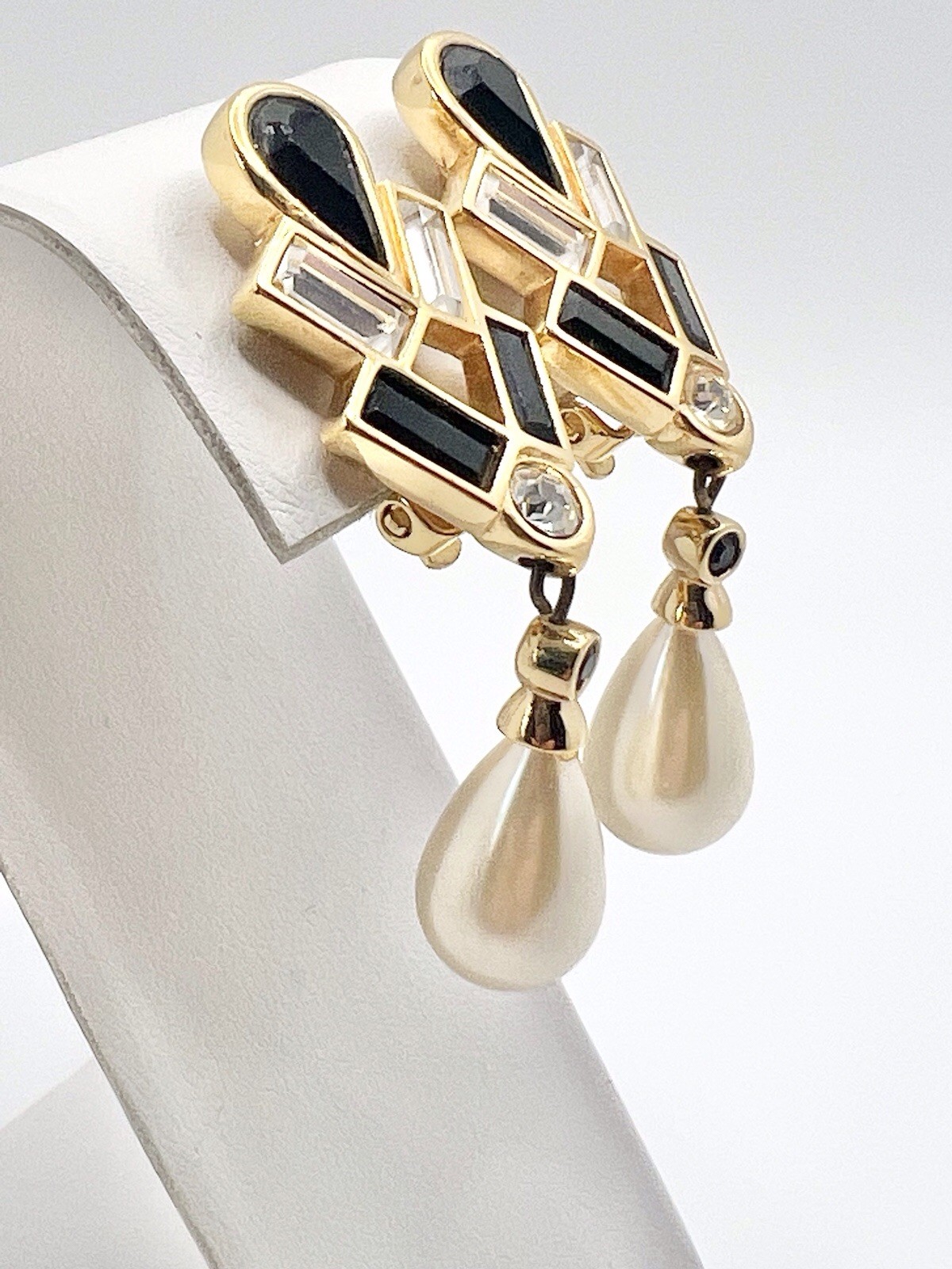 S.A.L. SWAROVSKI Crystal Pearl Drop Art Deco Inspired Gold Tone Clip Earrings