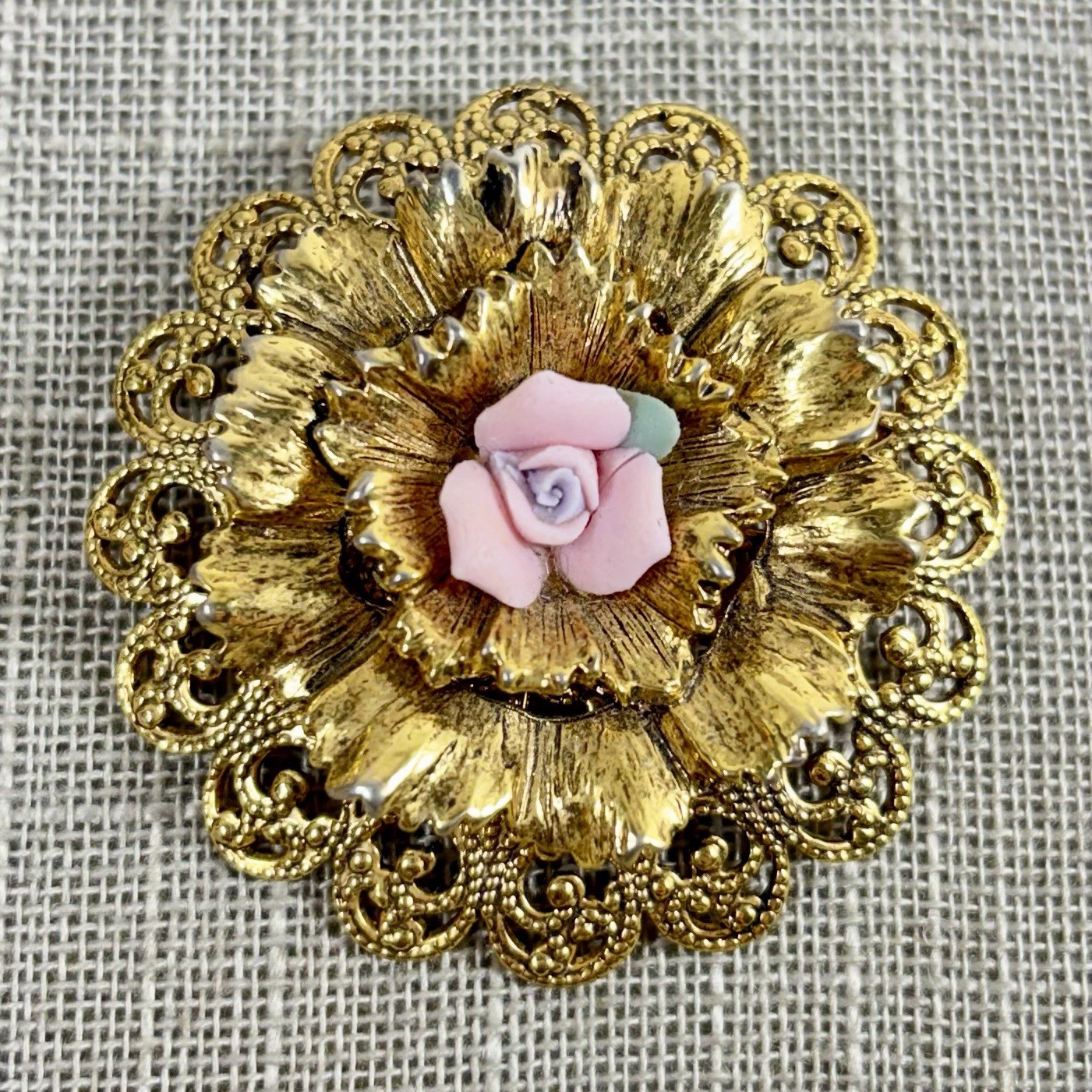 Vintage Unsigned Tacoa Gold Tone Filigree Porcelain Rose Floral Brooch READ