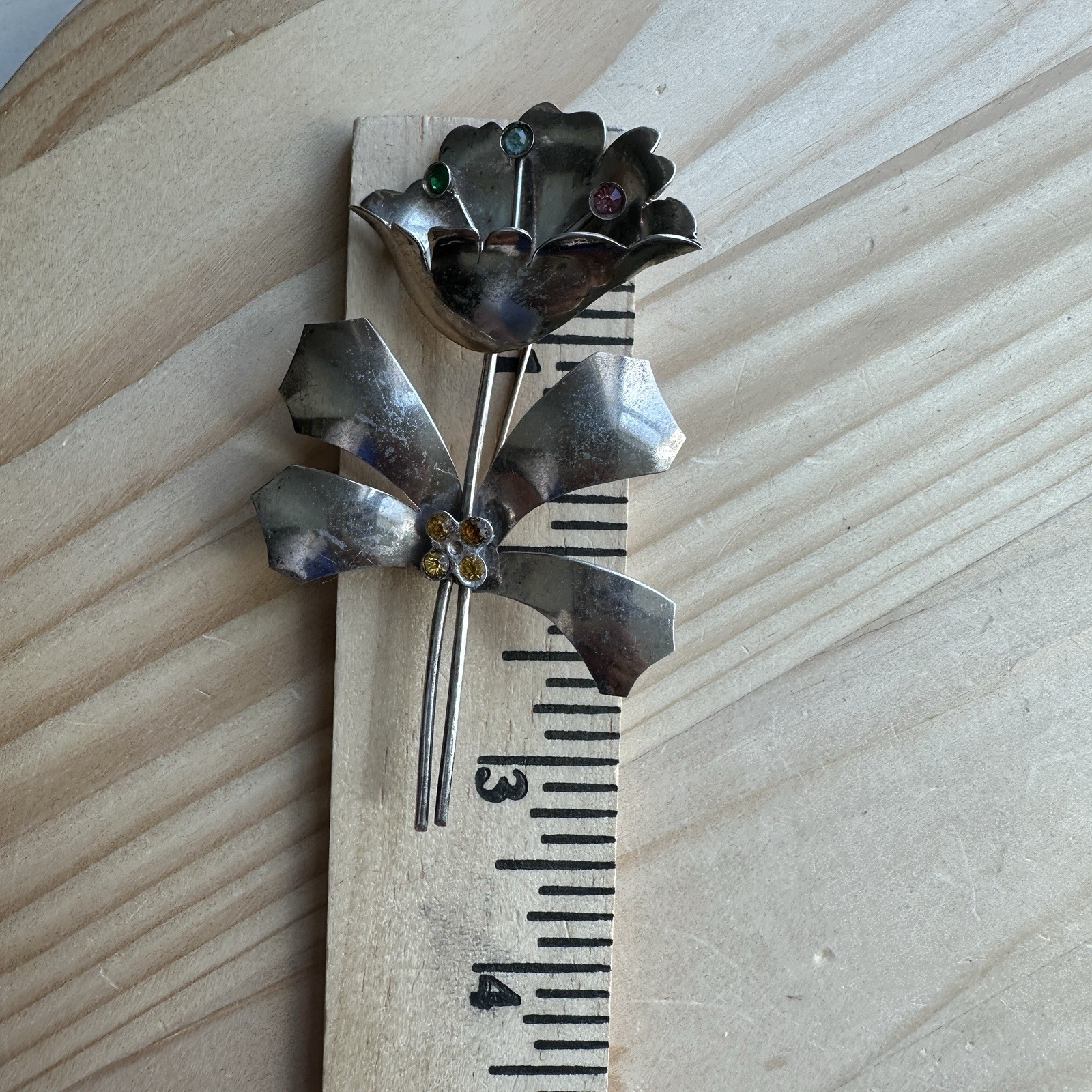 Vintage Artisan Brooch Pin 3.25 Inch Multicolor Crystals Sterling Silver 17.5g