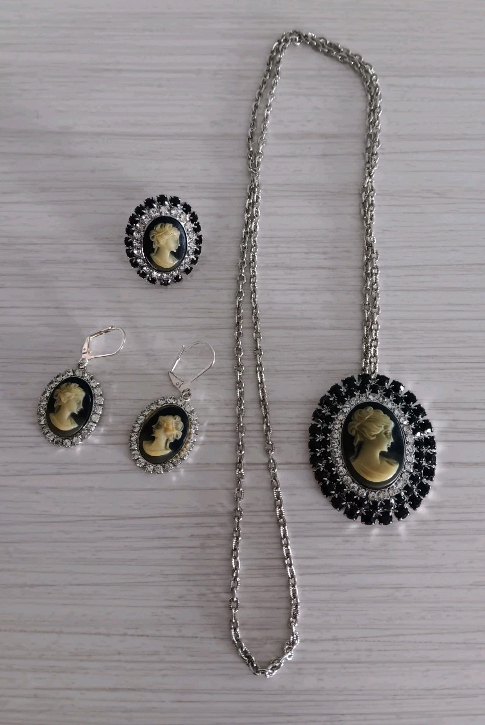 Vintage Park Lane Black & Clear Rhinestone Faux Cameo Set Brooch Ring & Earrings