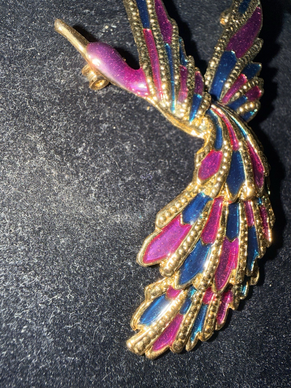 Vintage 80s large cloisonné purple and Blue Gold Toned Brooch