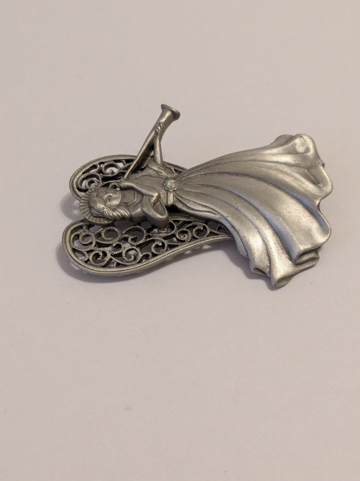 JJ Jonette Vintage Silver Tone Pewter Angel & Horn Brooch With Rhinestone 2.5″.