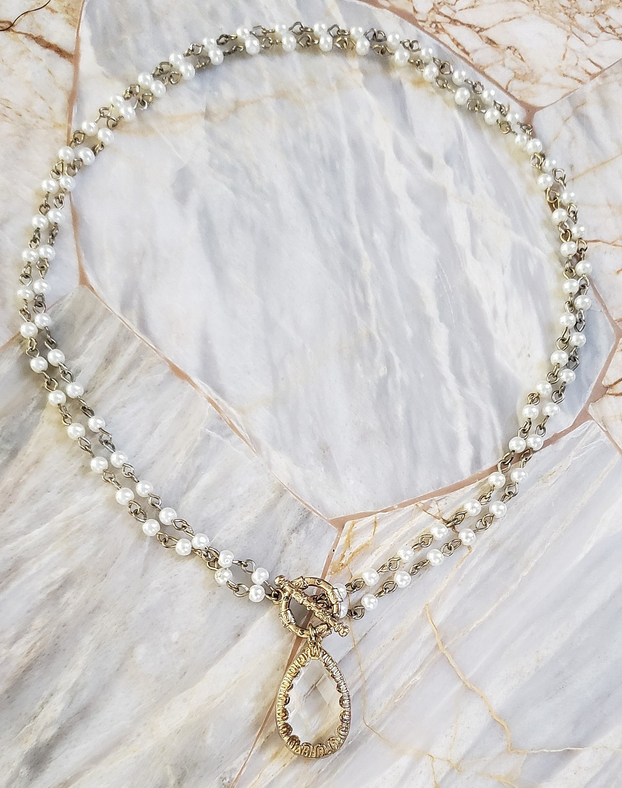 Vintage Faux Pearl Double Strand Necklace Gold Tone Crystal Pendant 18″