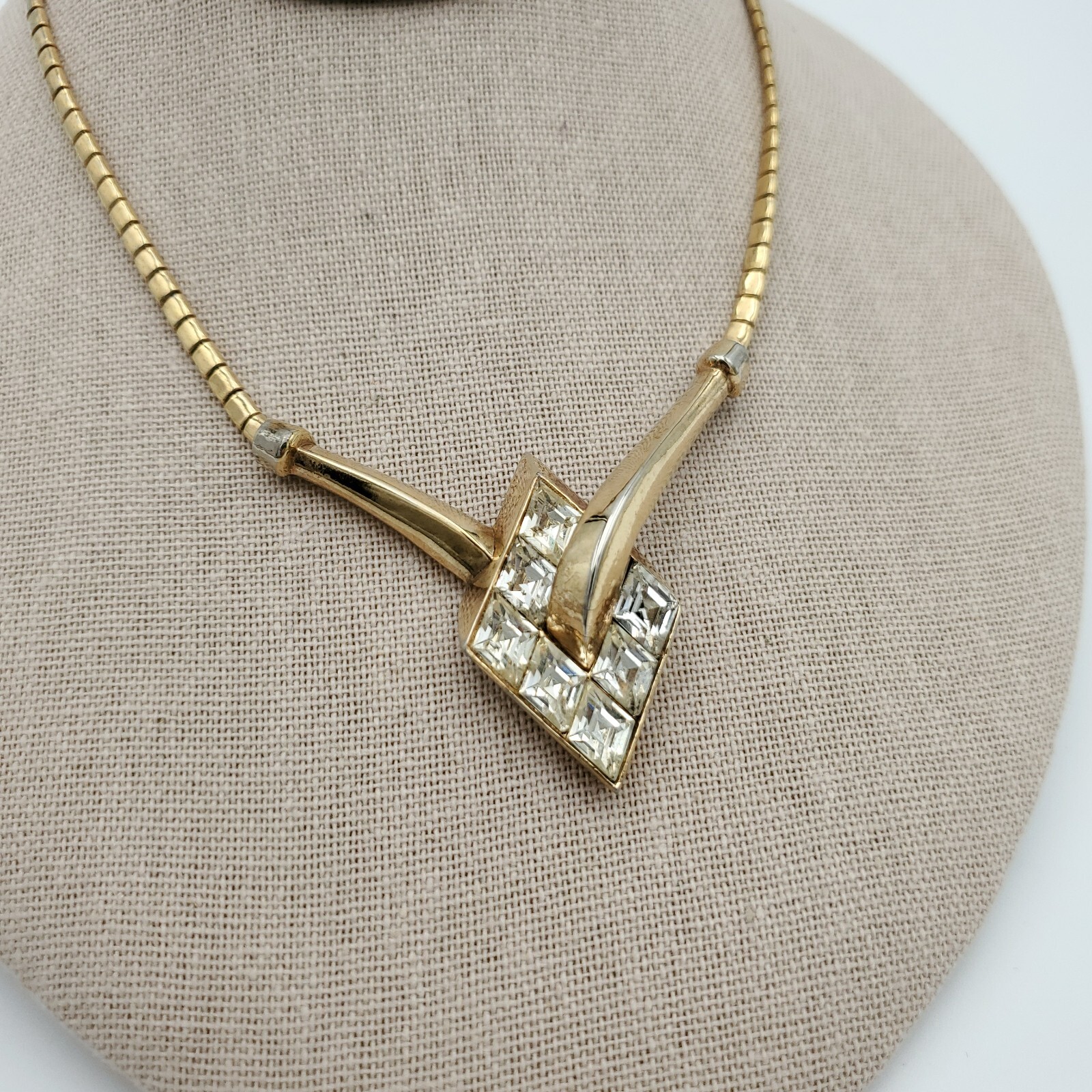 Trifari Alfred Philippe Gold Necklace Clear Rhinestone Lozenge Choker Channel