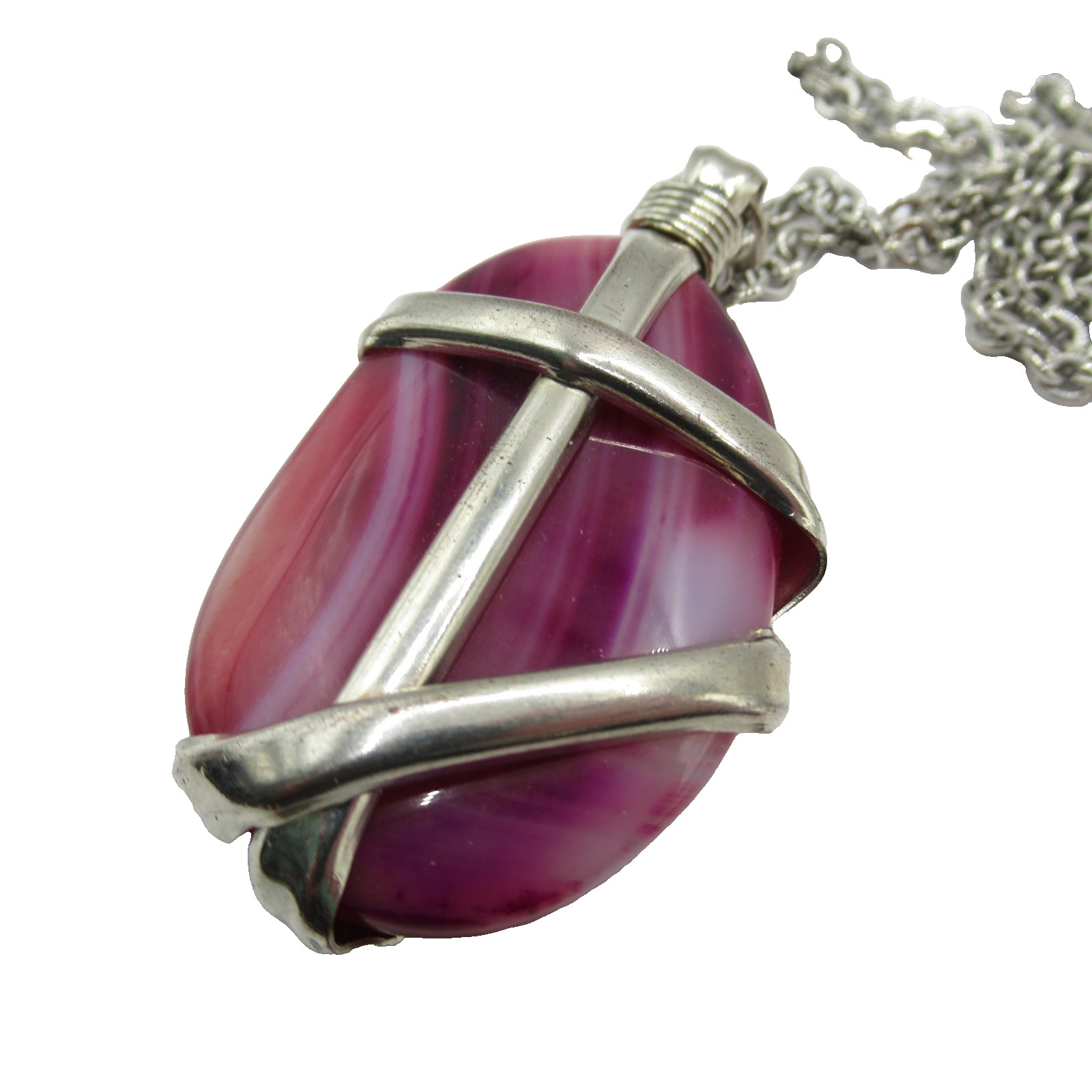 Purple Pink White Gemstone w Silver Tone Cage Style Design Vintage Necklace