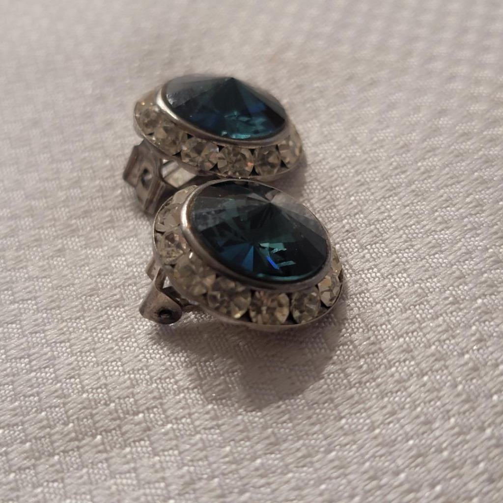 Vintage Blue Rivoli Volcano and Clear Rhinestone Clip Earrings