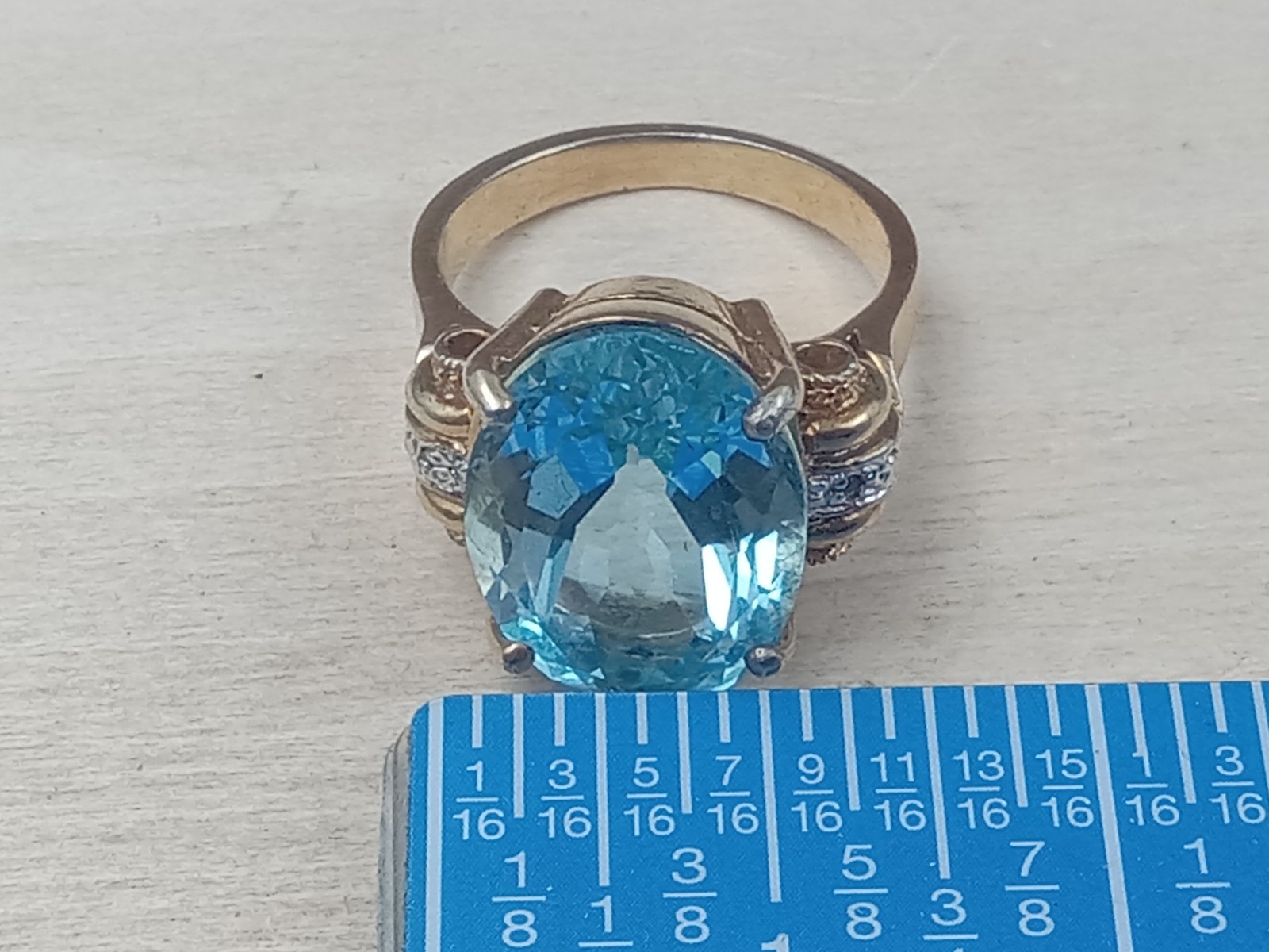 Deco style Sterling Ring Gold Wash – Faceted Blue Topaz Oval & Clear Accents: S8